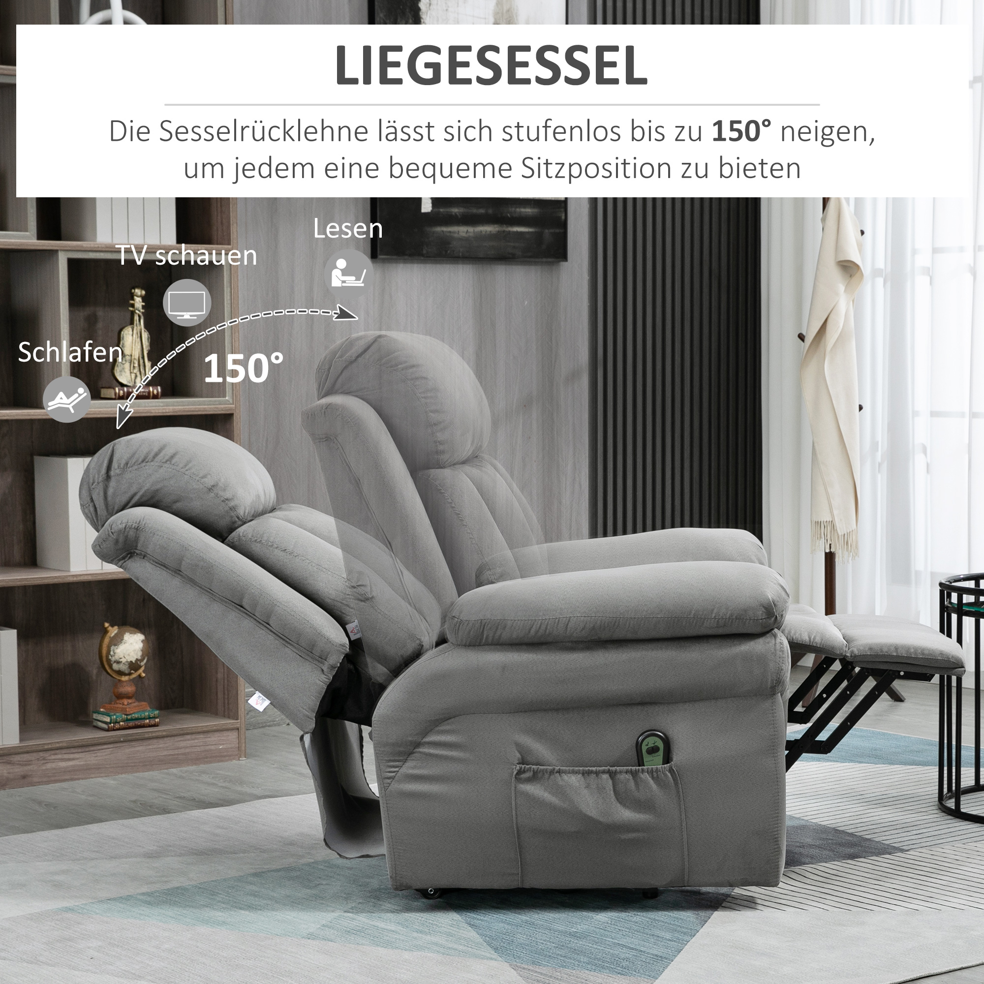 Ein grauer Relaxsessel in einem Raum. Text weist darauf hin, dass er sich bis zu 150 Grad für Fernsehen, Schlafen oder Lesen neigt.