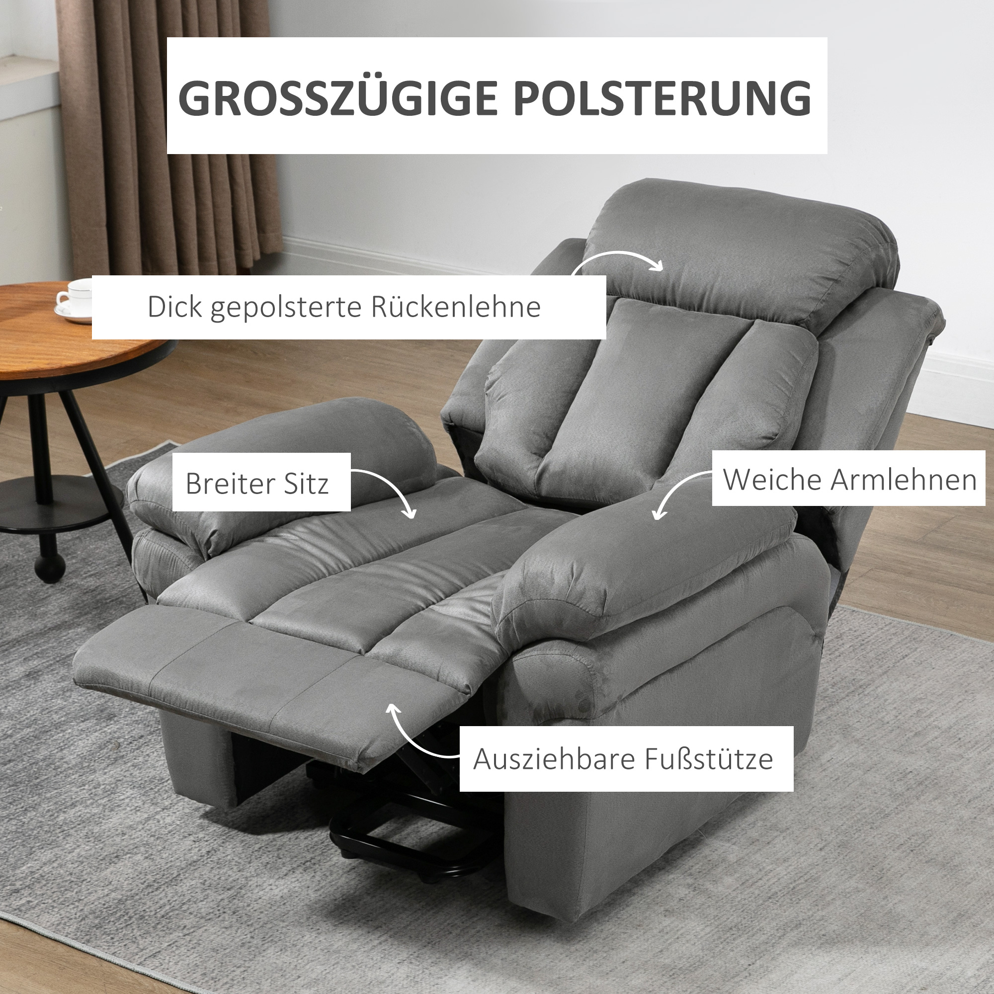 Ein Relaxsessel mit beschrifteten Teilen: Rückenlehne, Sitz, Armlehnen und Fußstütze. Graue Polsterung.