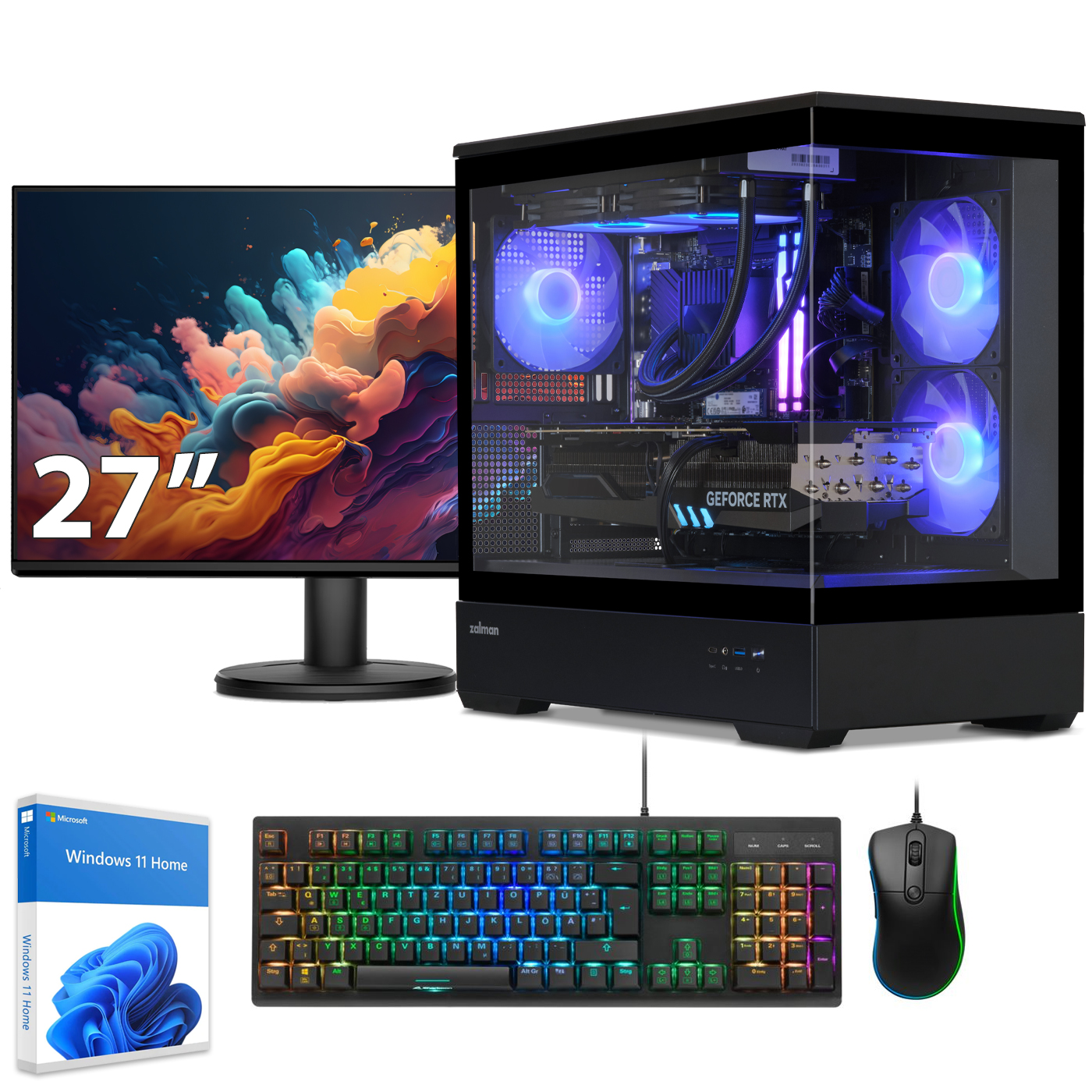 Un'installazione computer con un monitor da 27", un tower, tastiera, mouse e scatola di Windows 11.