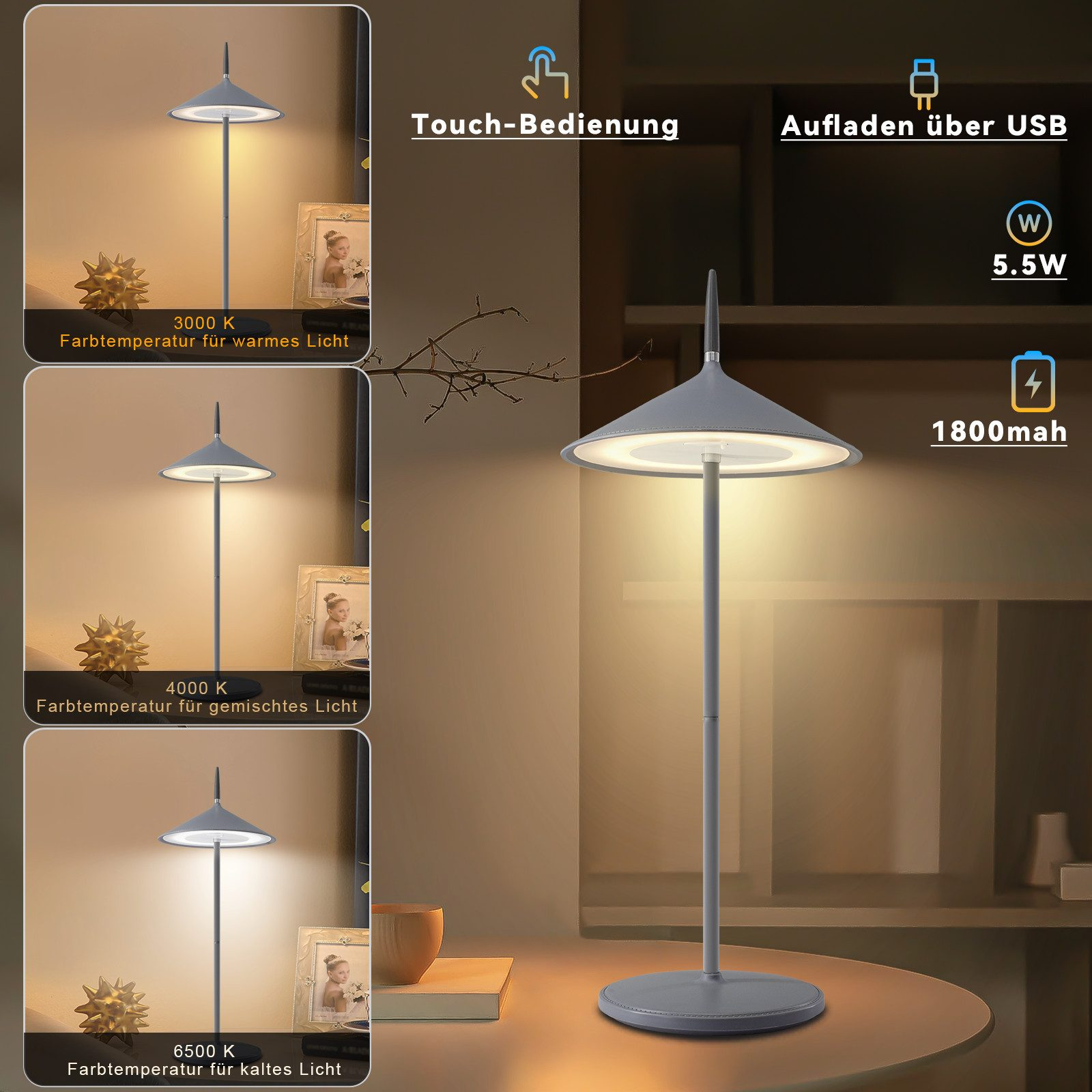 Szara nowoczesna lampa z różnymi ustawieniami światła stoi na stole. Inne przedmioty, takie jak ramki, znajdują się na stole.