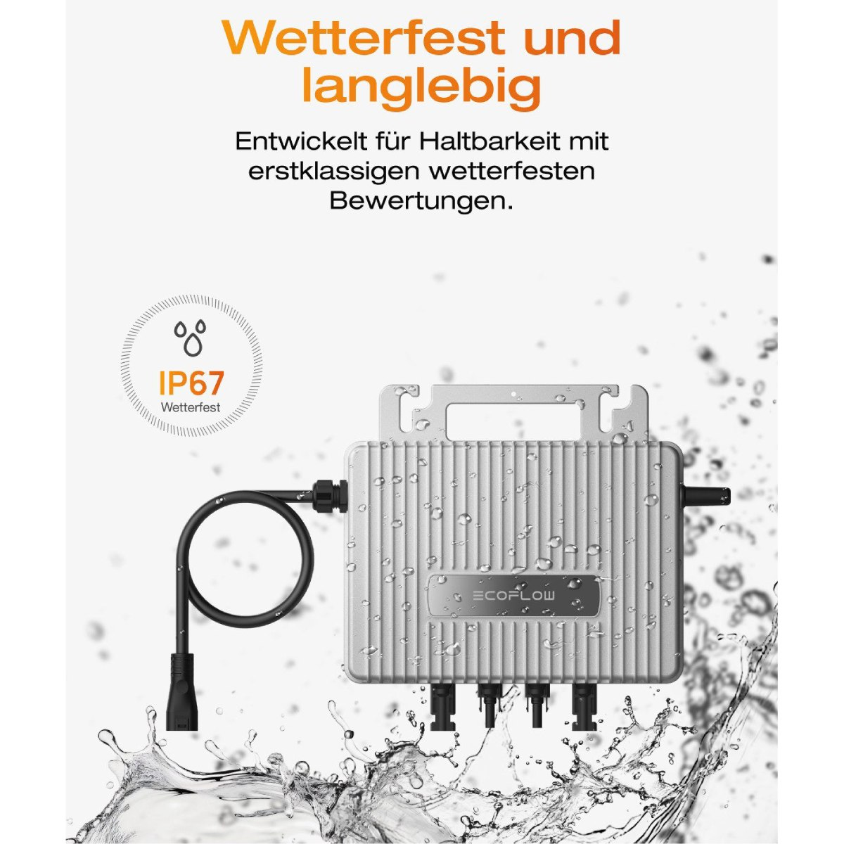 Silbernes wasserdichtes Gerät mit schwarzem Kabel, Wassertropfen und Text: 'IP67 Wasserdicht'.