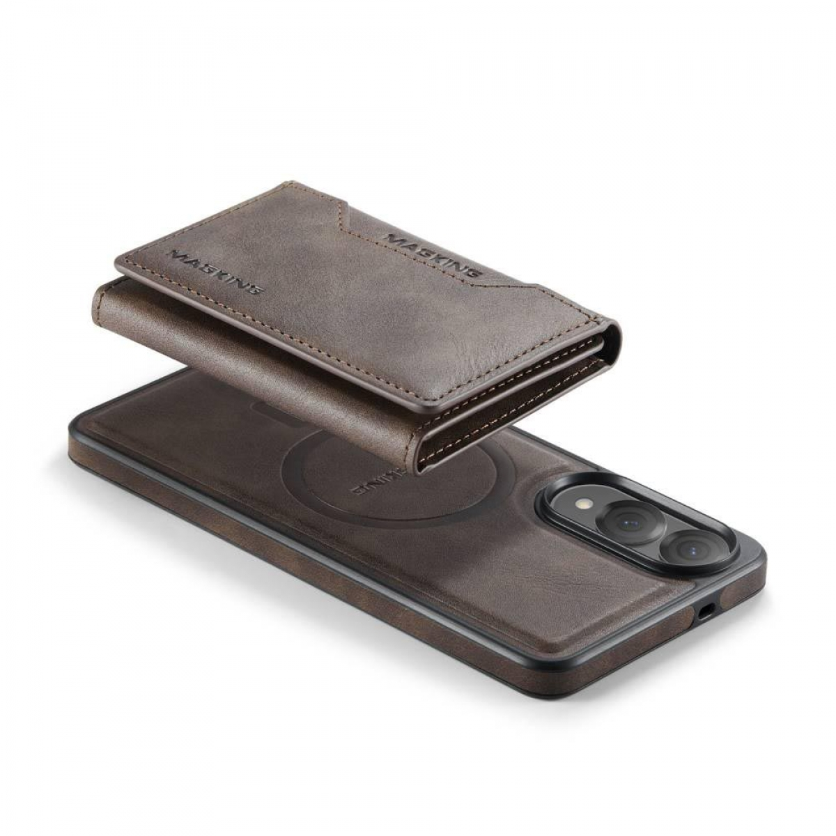 Braune Leder-Handyhülle mit abgenommenem Magnetportemonnaie. Das Telefon zeigt einen Ladekreis.