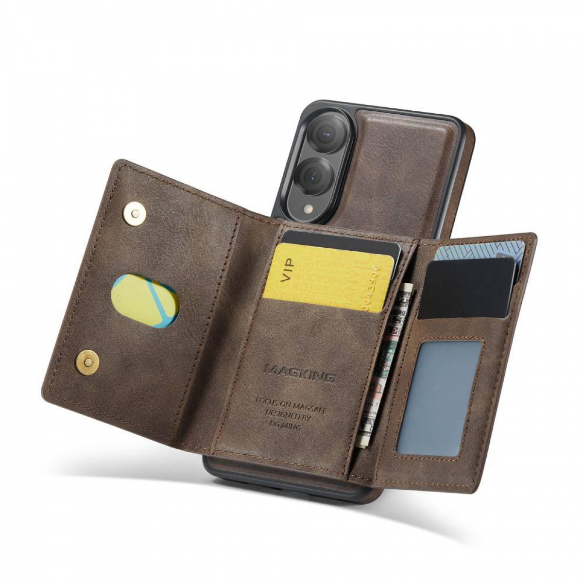 Geöffnete braune Leder-Geldbörse-Handyhülle mit Kartenfächern und Telefon.