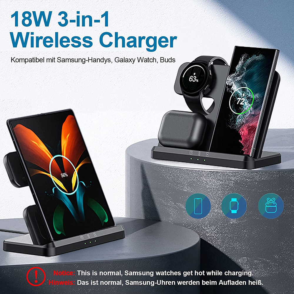 Schwarzes 3-in-1-Wireless-Ladegerät mit Telefon, Uhr und Ohrhörern. Zeigt Ladeprozente an.
