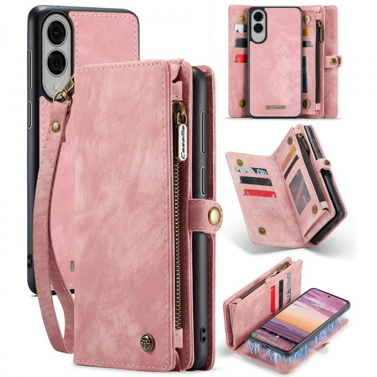 Eine rosa Telefonhülle mit mehreren Fächern und einem Telefon.