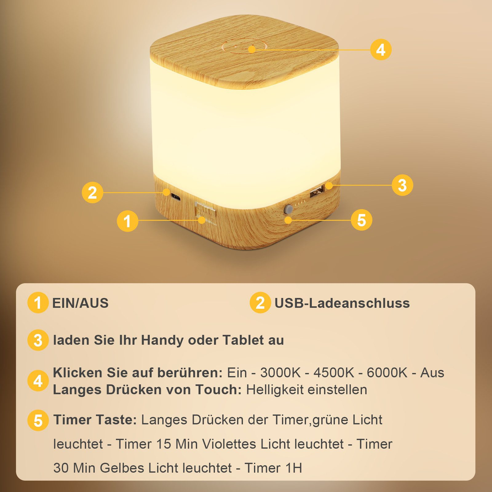 Drewniana lampka nocna z kontrolkami. Funkcje: włącznik/wyłącznik, USB, timer, regulacja światła.