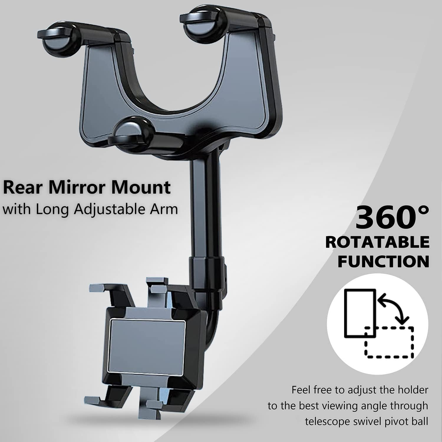 Schwarze Kfz-Rückspiegelhalterung mit langem, verstellbarem Arm und Telefonhalterung, mit 360°-Drehfunktion.