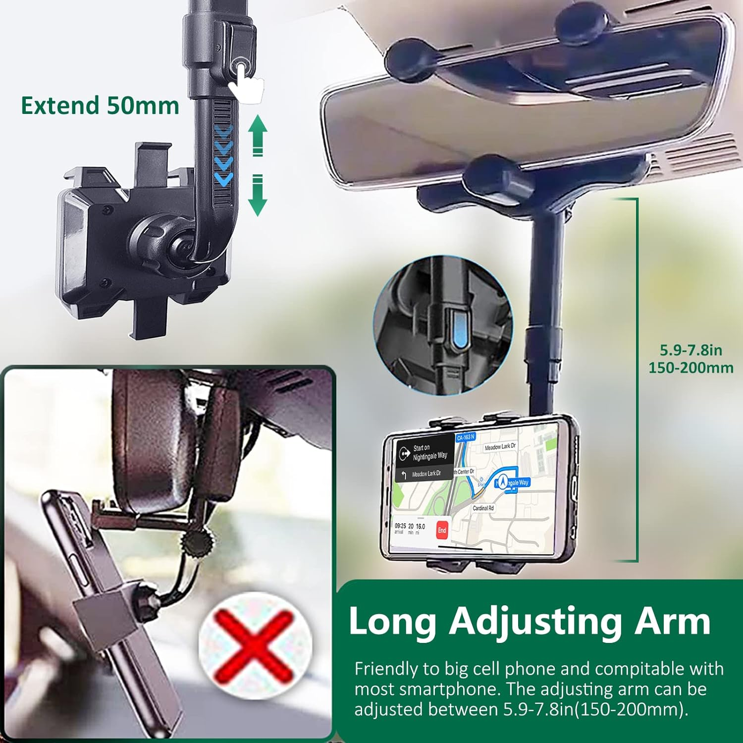 Autotelefonhalterung mit langem Verstellarm, einstellbar zwischen 5,9-7,8 Zoll. Navigations-App mit Karte wird angezeigt.