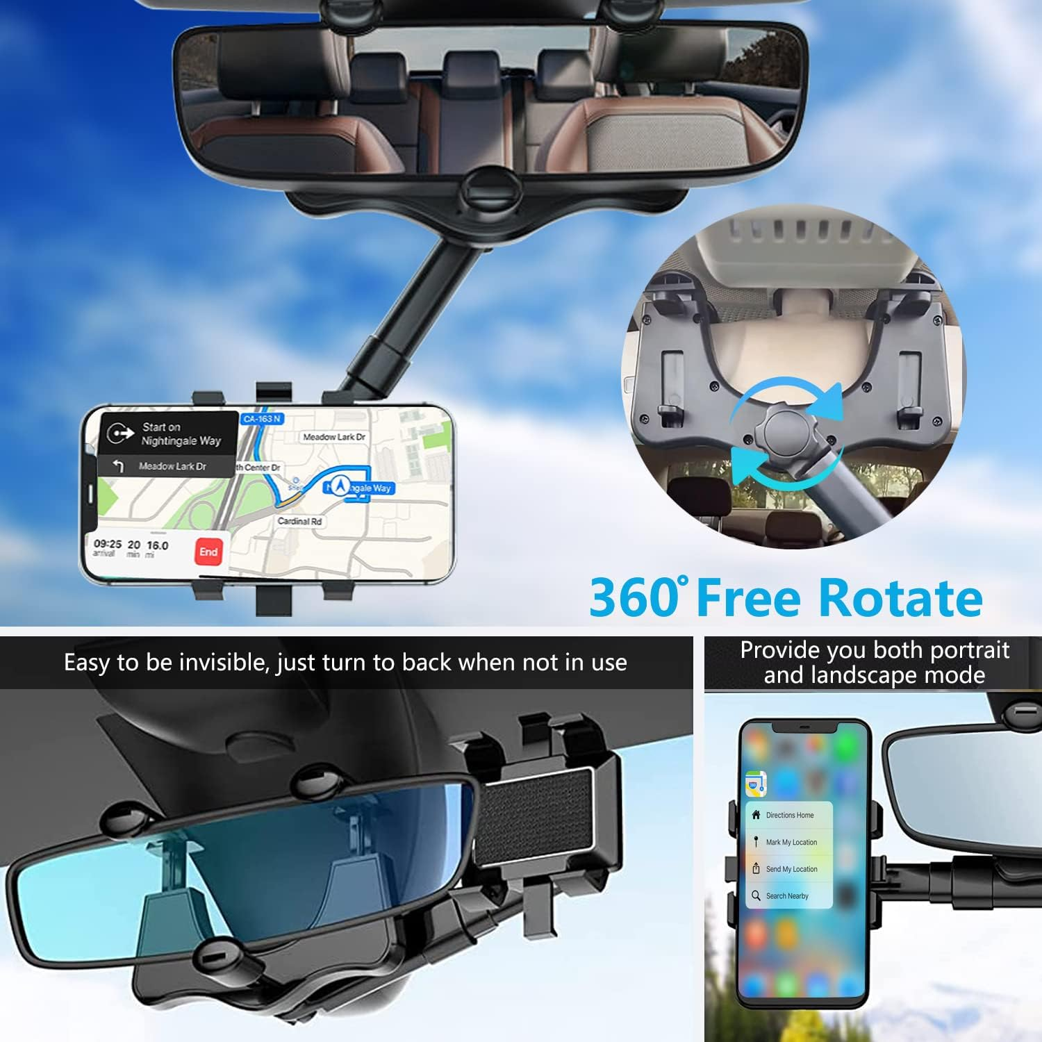 Kfz-Telefonhalterung. 360° Drehung. Der Telefonbildschirm zeigt eine Karte. Hintergrund ist ein Autointerieur.