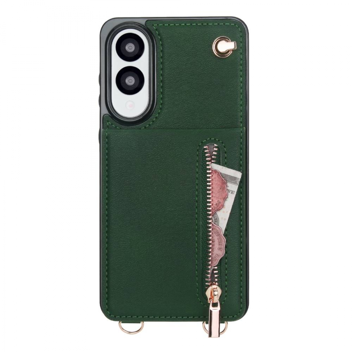 Grüne Handyhülle mit Tasche und Reißverschluss. Die Tasche enthält eine rosa Rechnung.
