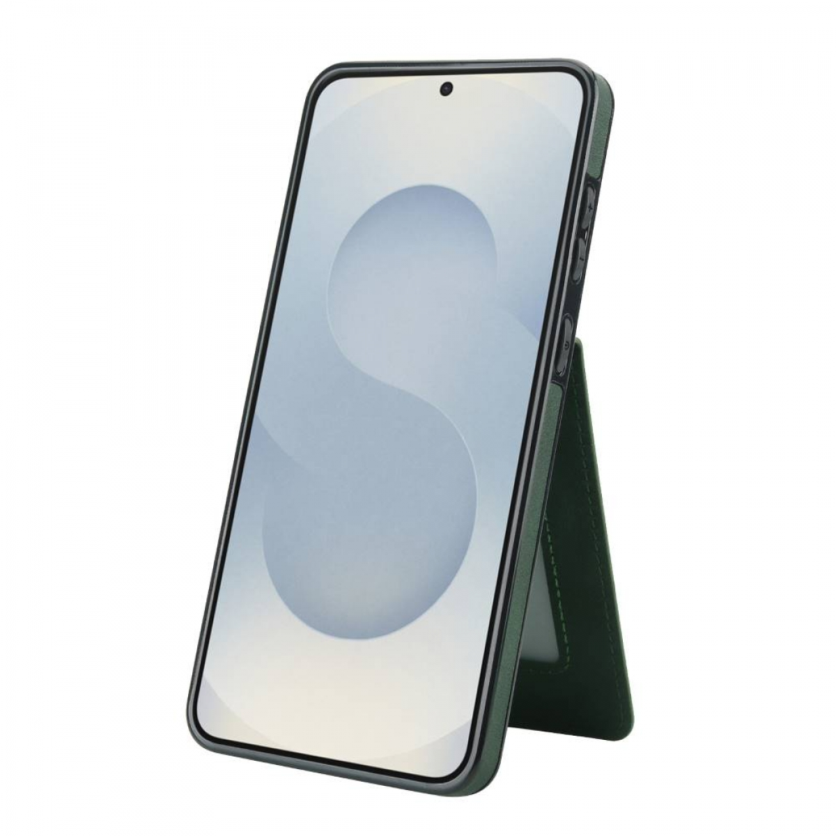 Grüne Handyhülle mit Telefonbildschirm und Ständer. Der Bildschirm zeigt einen hellgrauen Hintergrund.