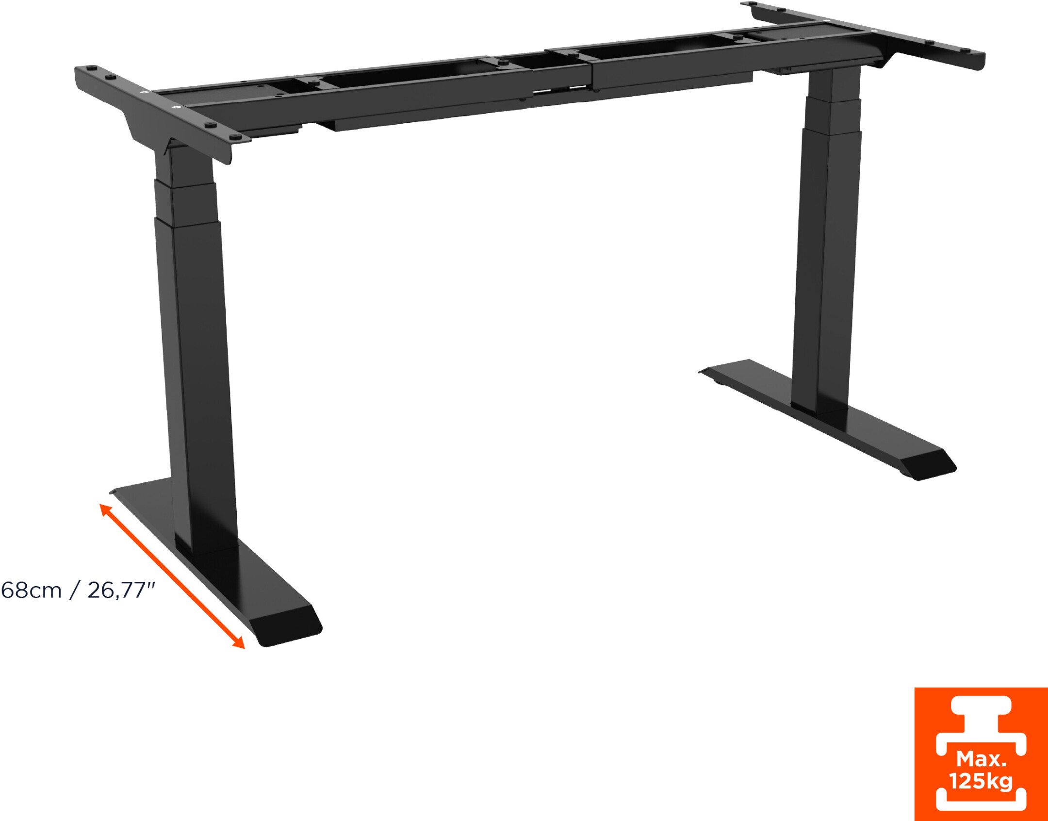 Ein schwarzes Stehpultgestell mit verstellbarer Höhe, Maße: 68cm / 26,77", Max. 125kg.