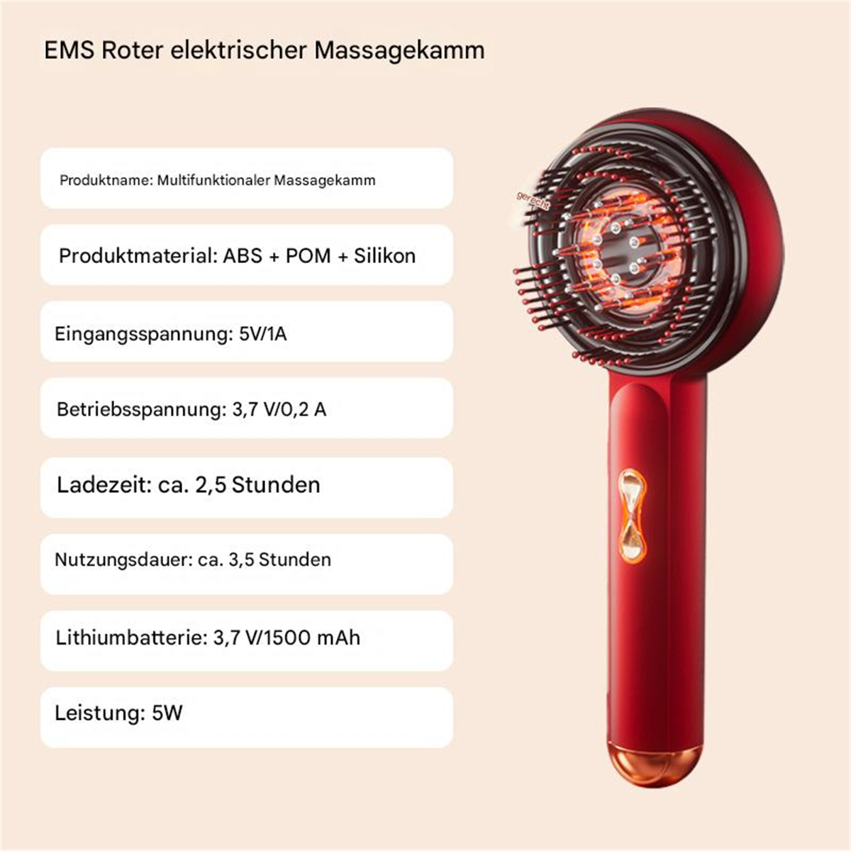 Roter Haartrockner und Produktspezifikationen. Der Trockner hat rote Borsten und einen goldenen Knopf.