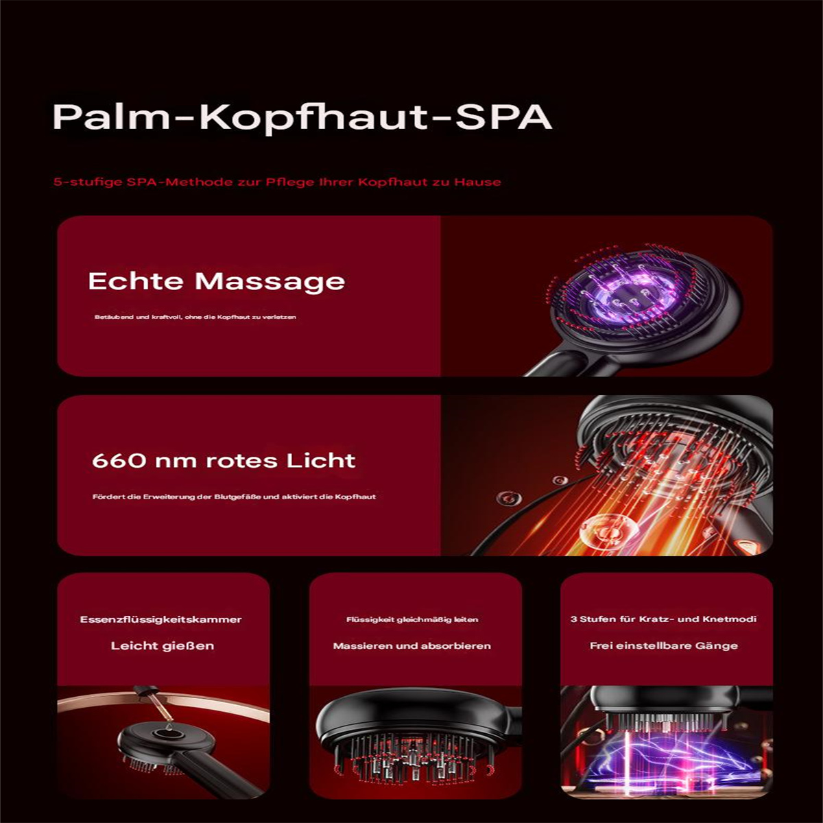 Diagramm: Palm-Kopfhaut-SPA mit Text. Zeigt Massage, rotes Licht und Flüssigkeitskammer mit Einstellungen.