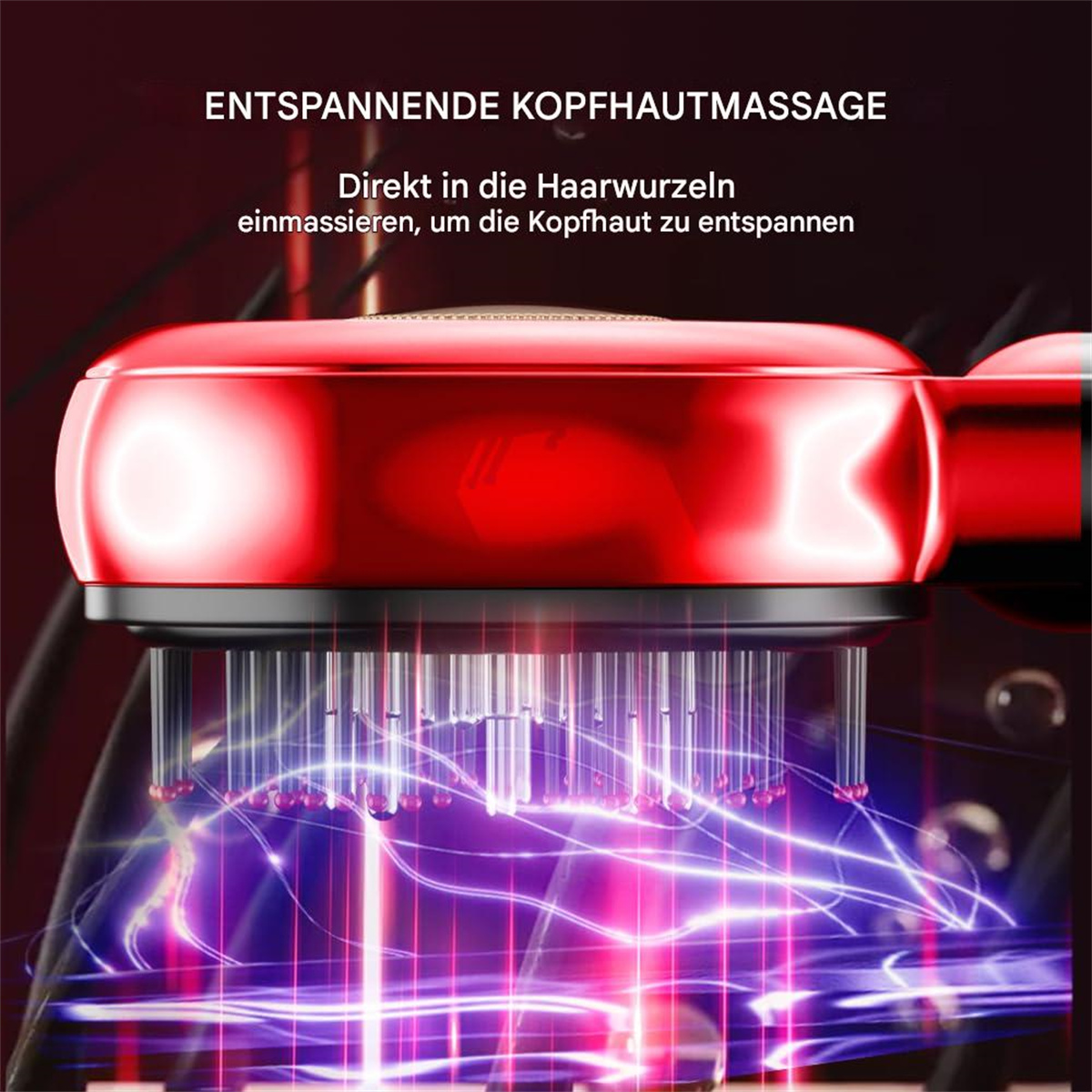 Nahaufnahme eines roten Kopfhautmassagers mit vibrierenden Noppen und leuchtenden Lichteffekten auf Haaren.