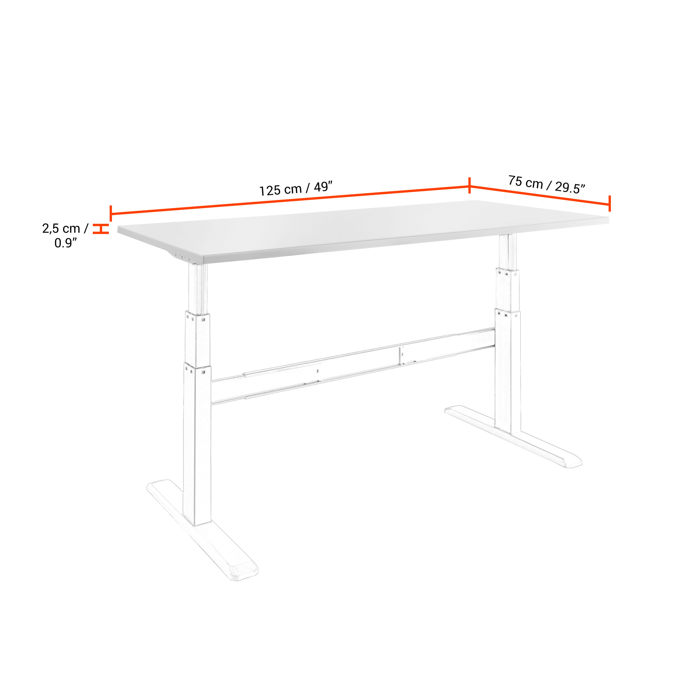 Ein weißer Schreibtisch mit den Maßen: 125cm/49" lang, 75cm/29,5" breit.