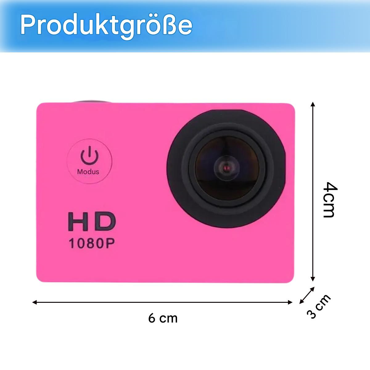 Eine pinkfarbene Action-Kamera mit den angegebenen Abmessungen: 6 cm lang, 3 cm breit und 4 cm hoch.
