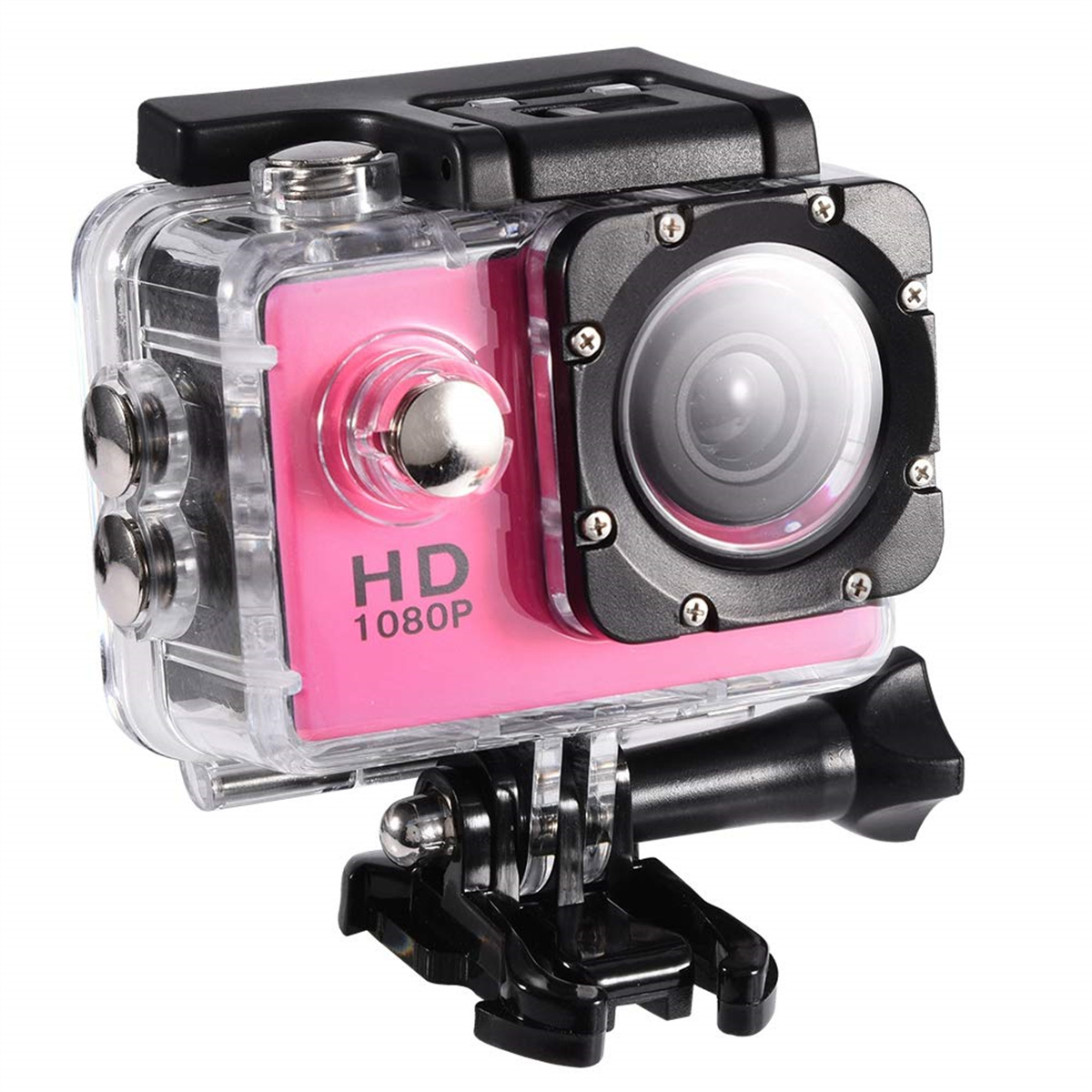 Eine pinke Action-Kamera mit schwarzem Rahmen, dem Text 'HD 1080P' und einem transparenten wasserdichten Gehäuse.