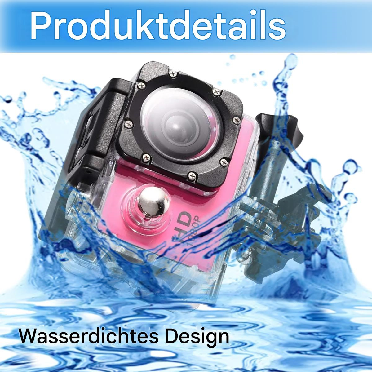 Eine pinke Action-Kamera ist in Wasser getaucht. Die Kamera hat einen schwarzen Rahmen und den Text 'HD 1080P'.