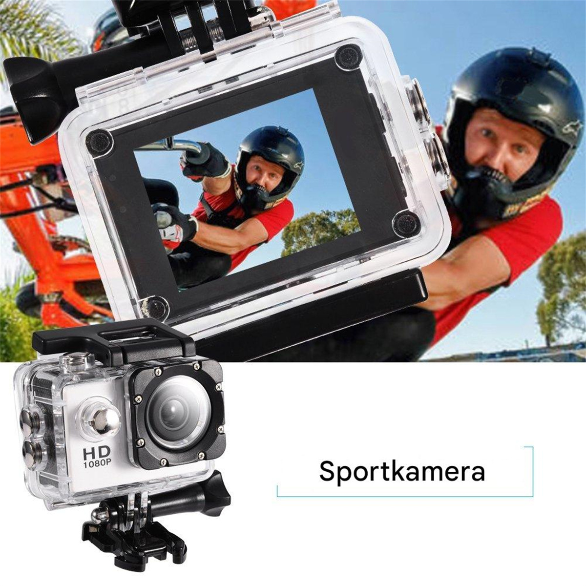 Action-Kamera mit Schutzhülle und Person mit Helm.