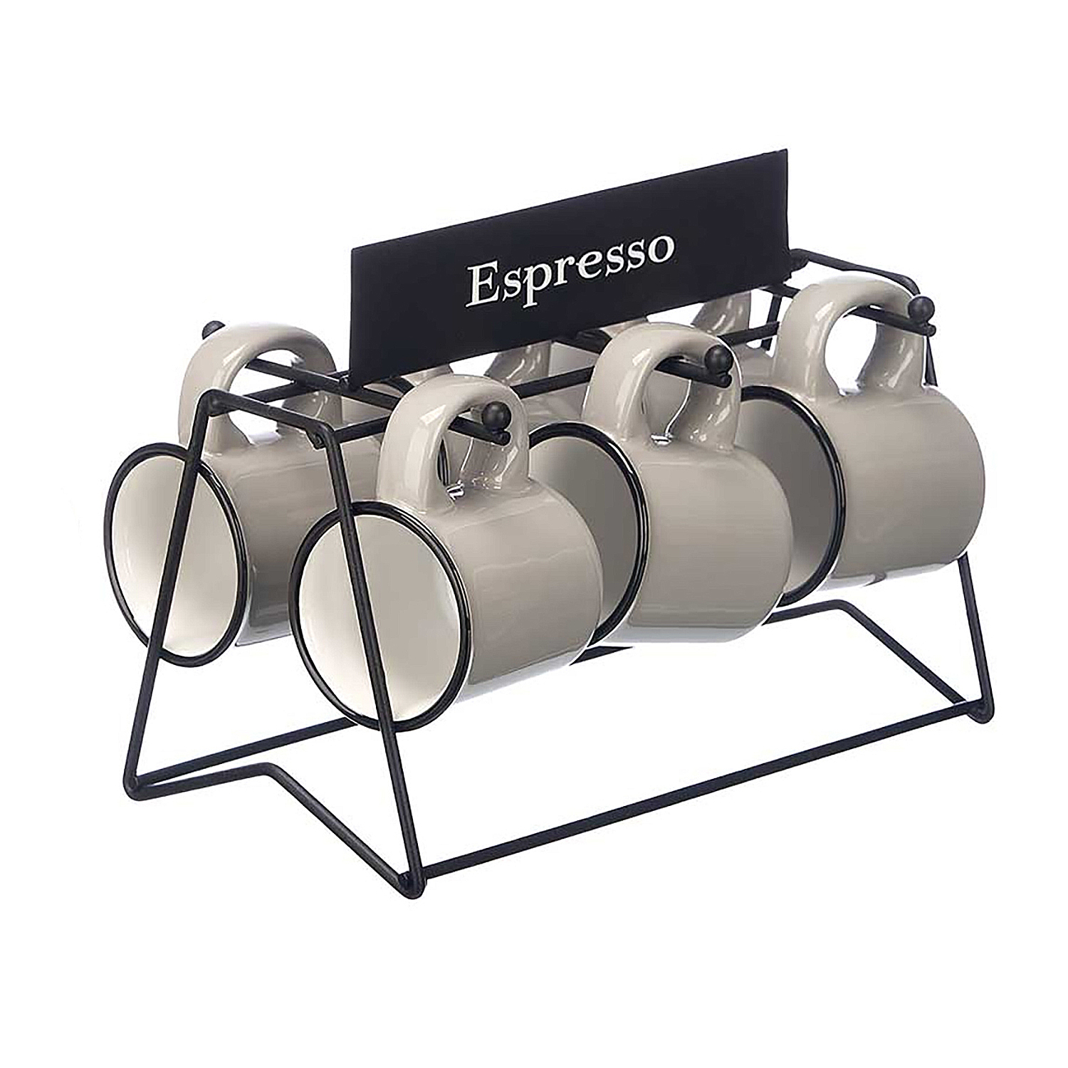 Tazzine da espresso su supporto in metallo nero con la scritta 'Espresso'.
