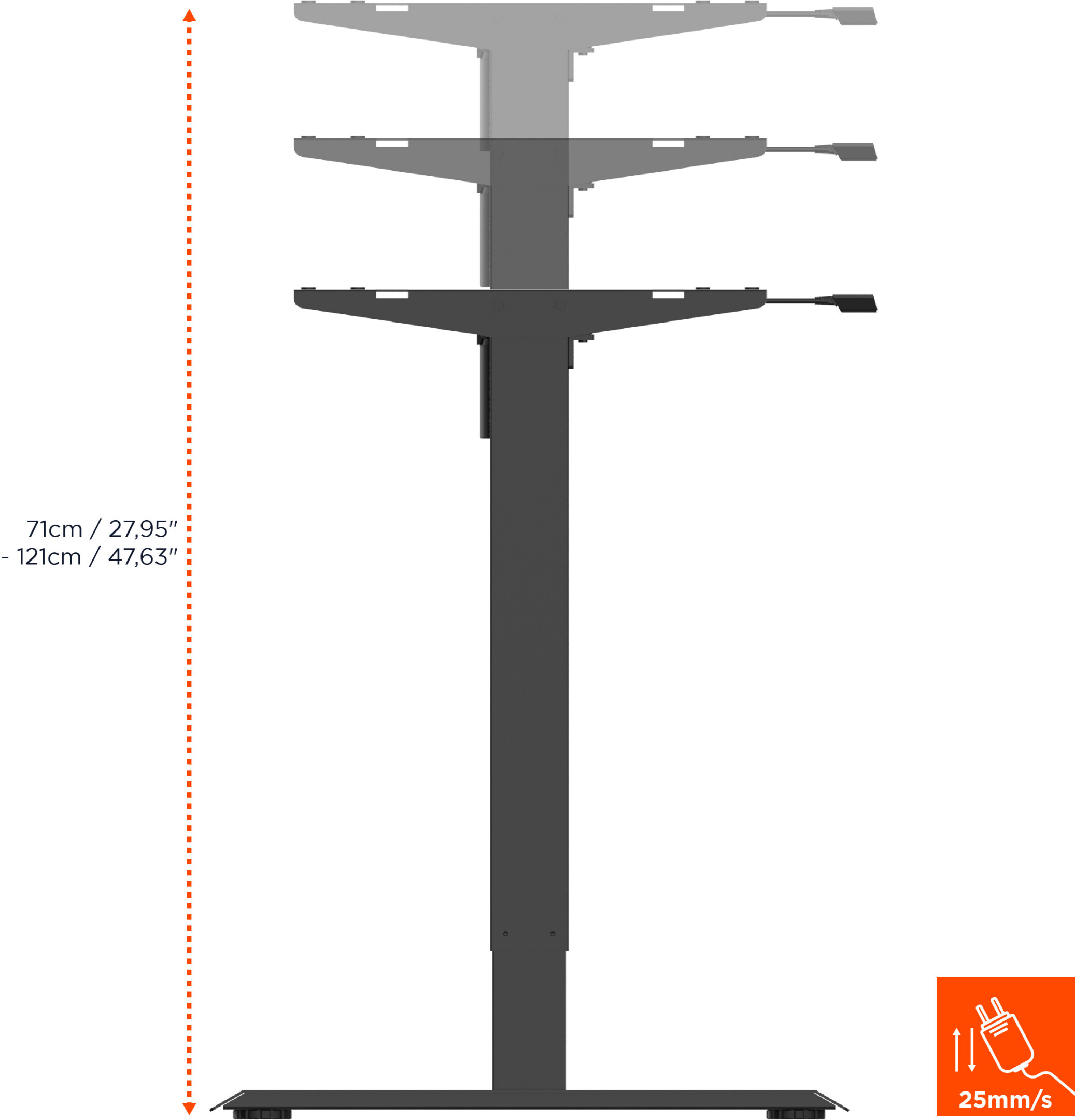 Verstellbares Schreibtischgestell. Der Höhenbereich beträgt 71 cm bis 121 cm.