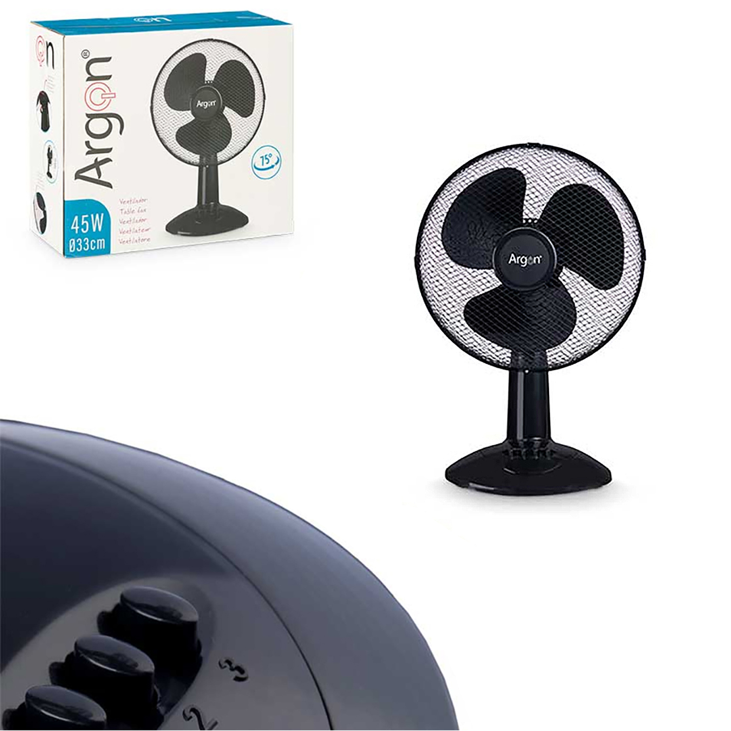 Ventilador y caja negros. El ventilador es de mesa con múltiples ajustes de velocidad.