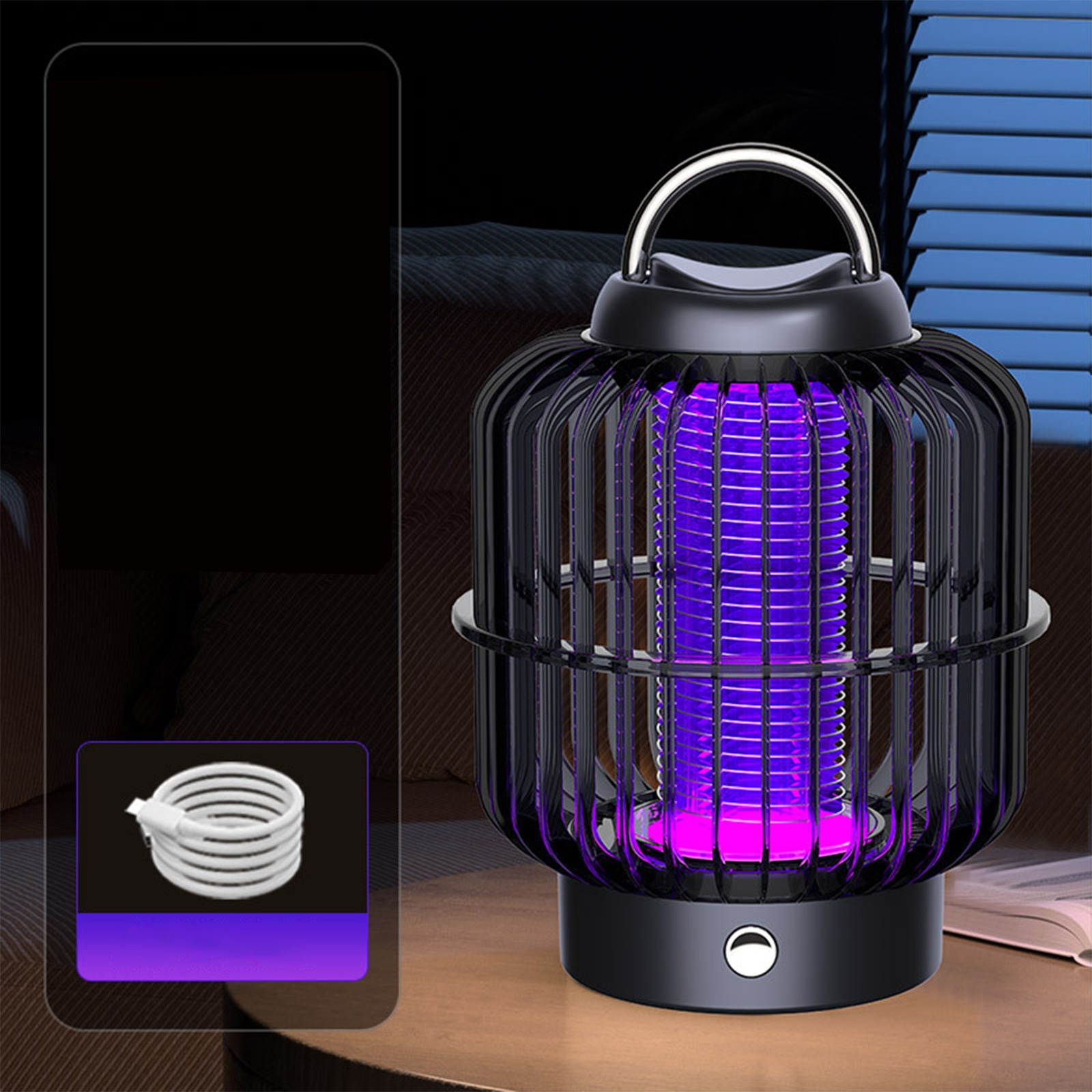 Schwarze Moskitokiller-Lampe mit lila Licht. Die Lampe steht auf einem Holztisch mit dunklem Hintergrund.