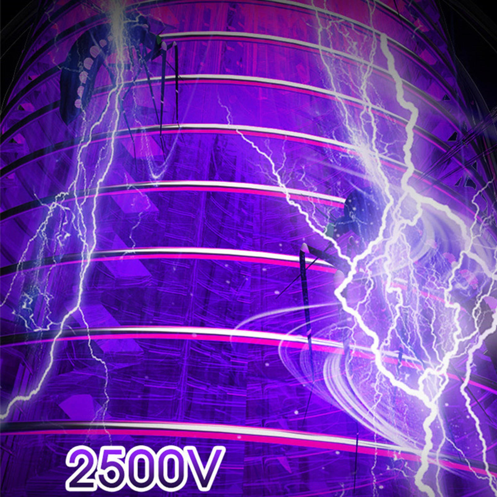 Ein abstraktes Bild von Blitzen mit 2500V Text. Das Bild hat lila und weiße Töne.