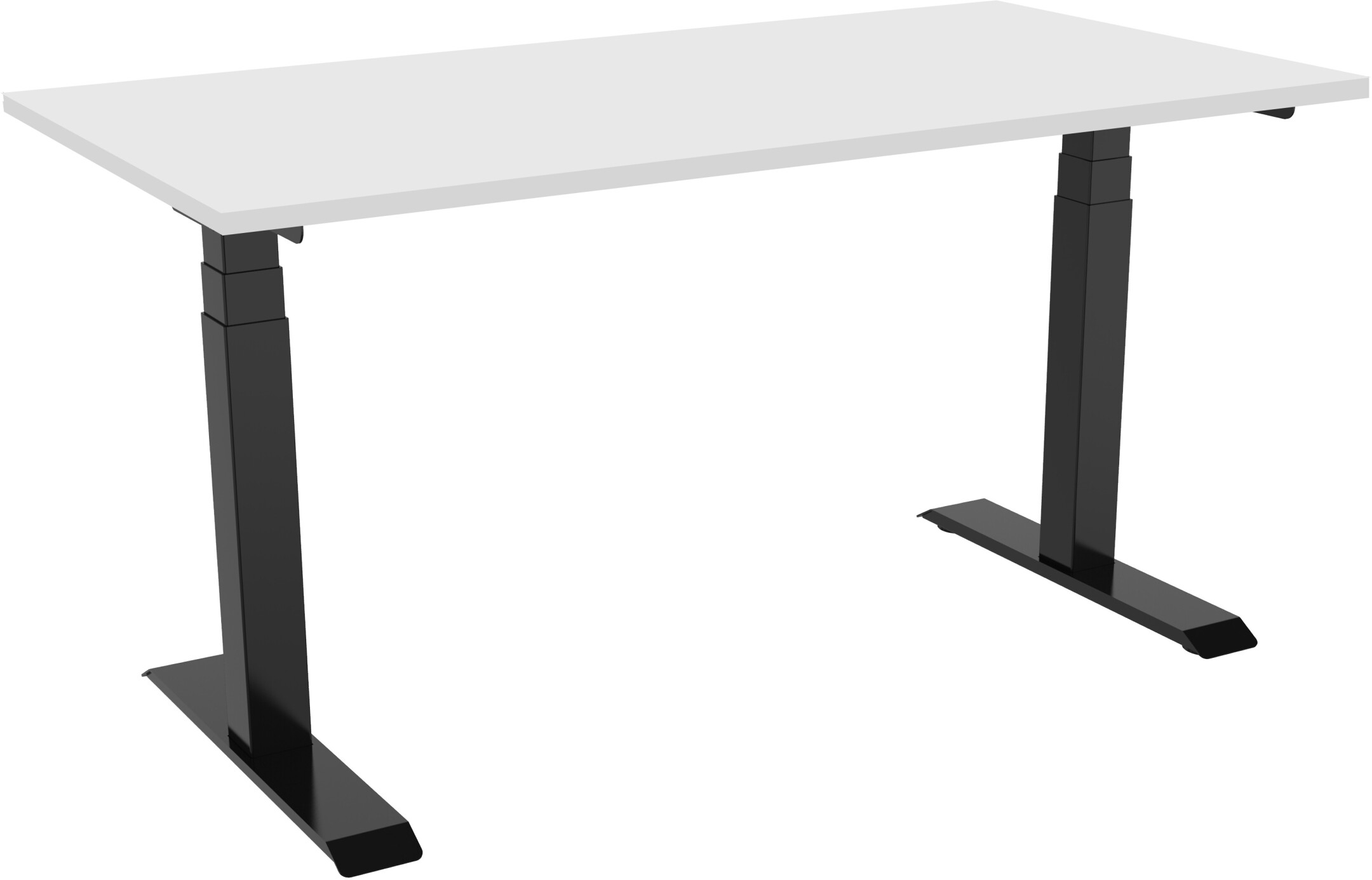 Weißer Schreibtisch mit schwarzen Beinen. Der Schreibtisch hat eine rechteckige Form. Er ist auf weißem Hintergrund.