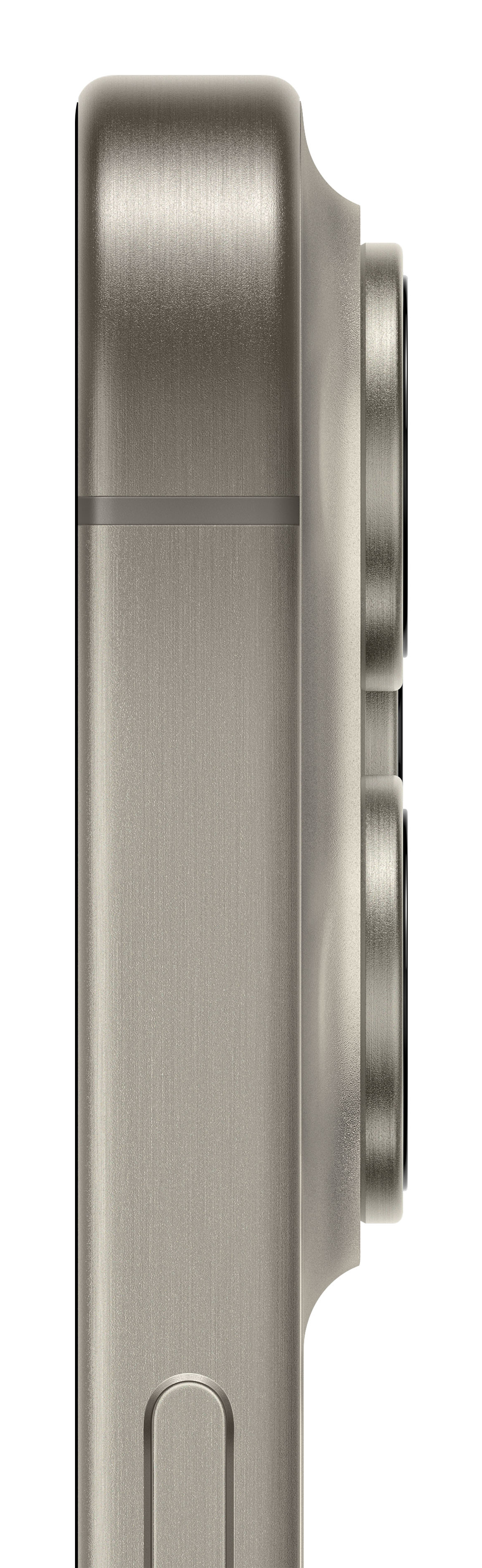 Zbliżenie boku telefonu. Telefon jest srebrny z trzema aparatami.