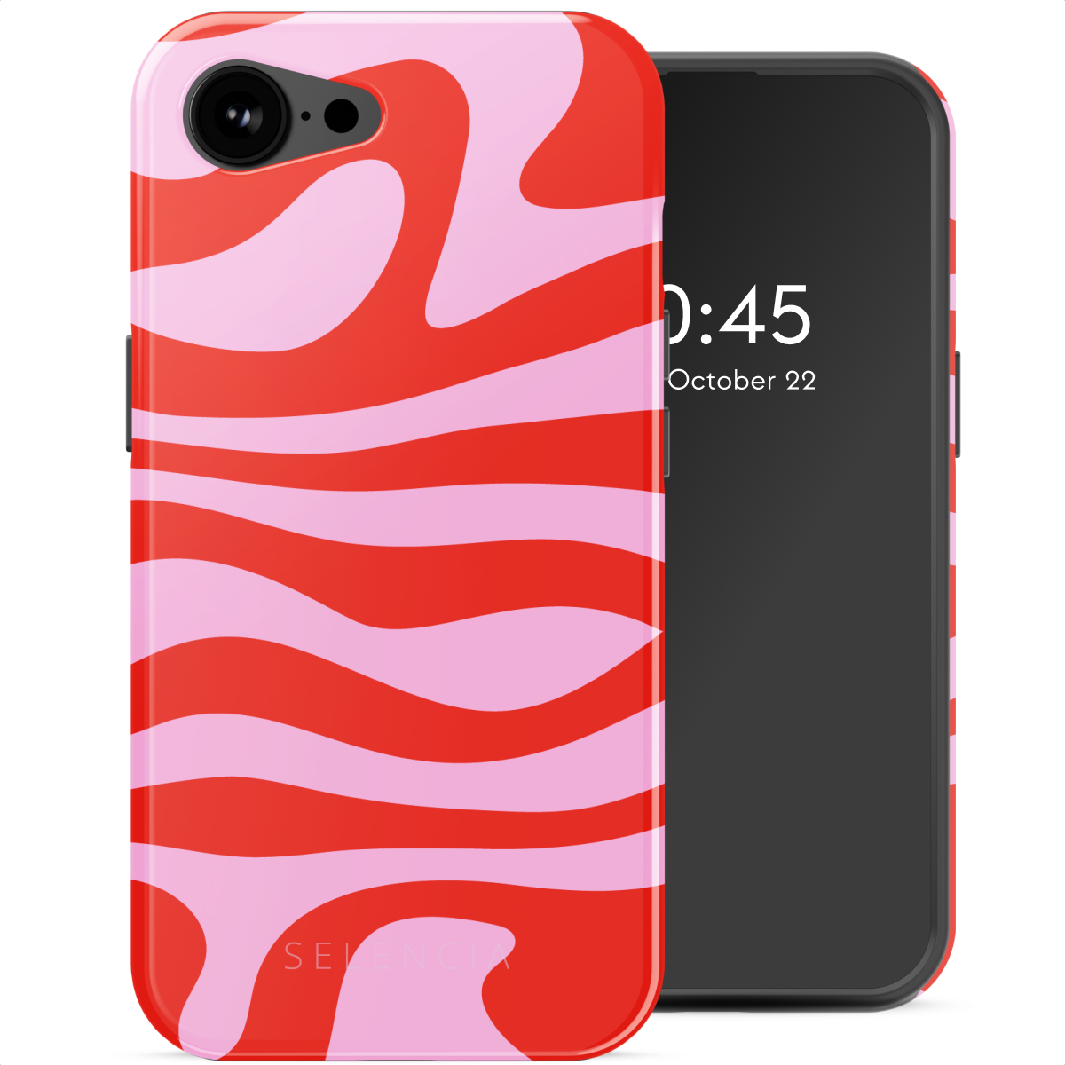 Coque de téléphone avec un motif ondulé rouge et rose, avec un téléphone noir à l'intérieur.