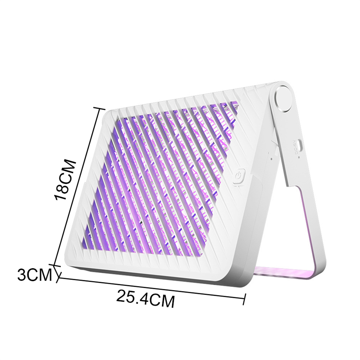Ein weißes Mückenvernichtungsgerät mit Abmessungen wird gezeigt. Es hat violettes Licht und einen Einschaltknopf.