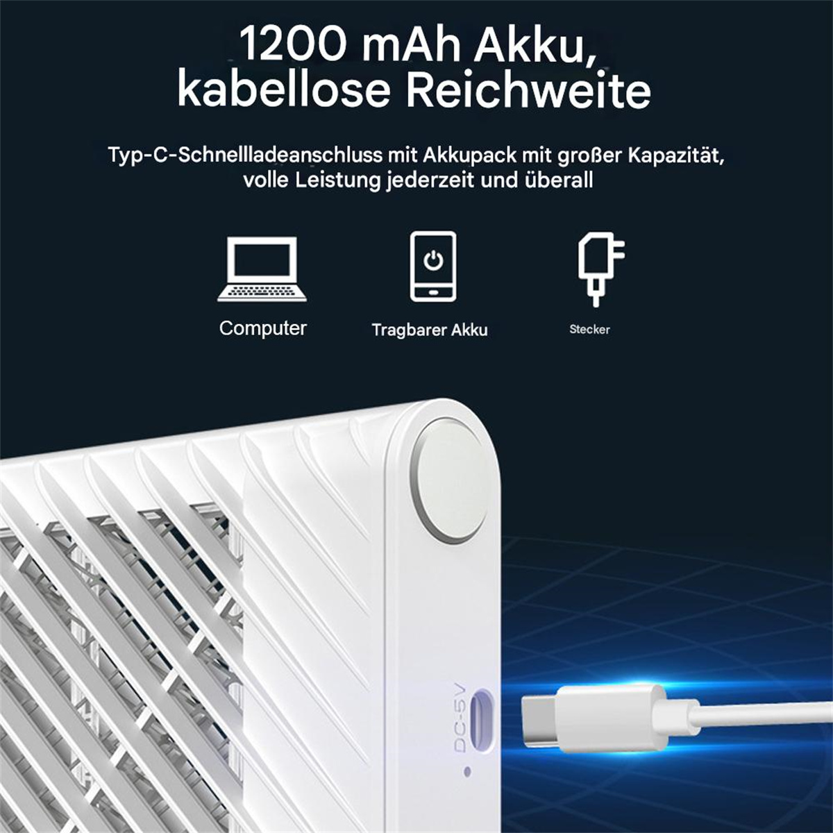 Ein weißer Mückenvernichter mit Ladekabel und Symbolen für Computer, Akku und Stecker.