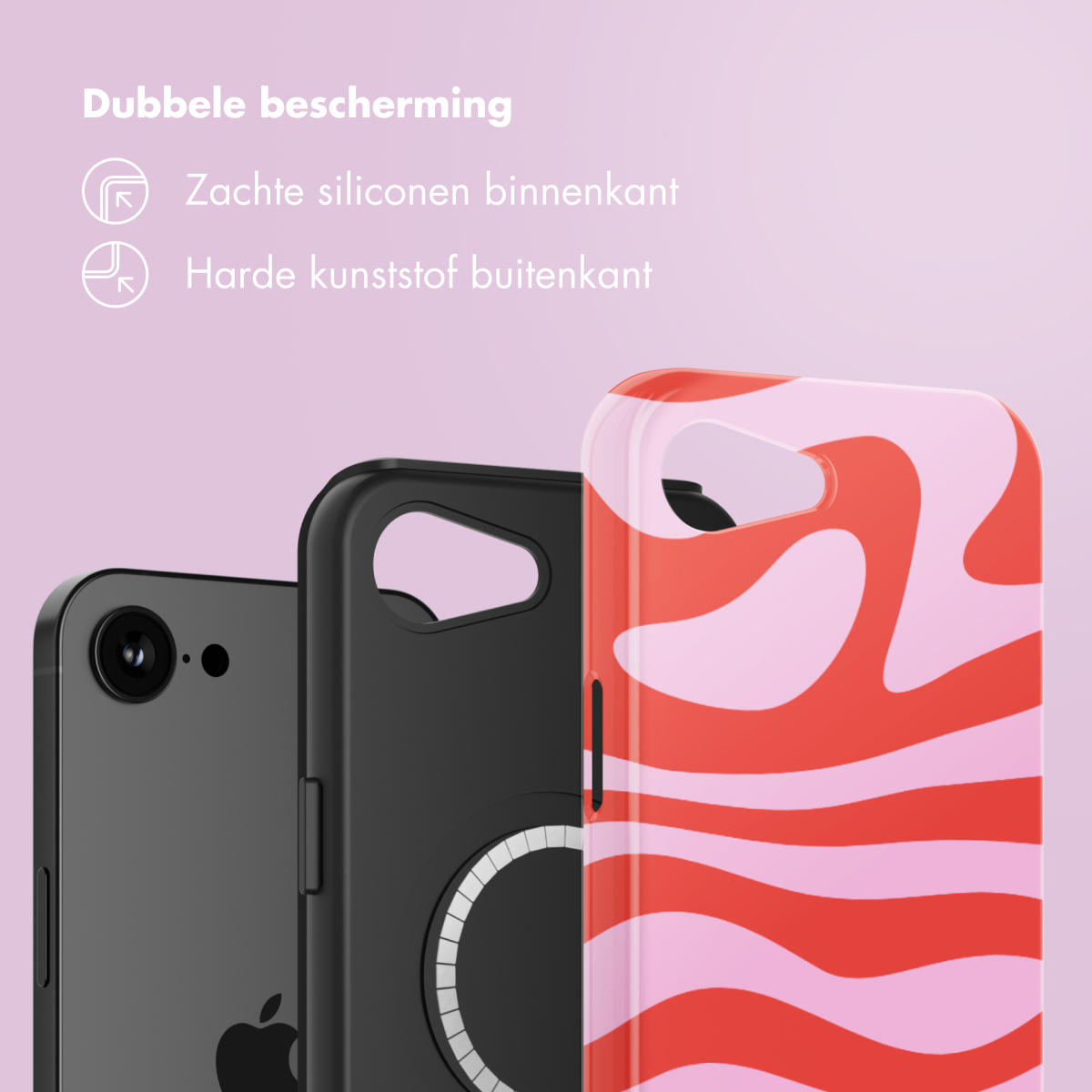 Trois coques de téléphone. Les coques montrent différents designs et couleurs.