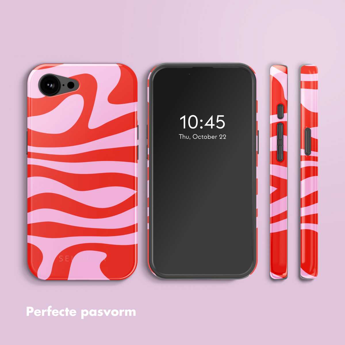Une coque de téléphone avec un motif tourbillonnant rouge et rose, et le téléphone avec un écran noir.