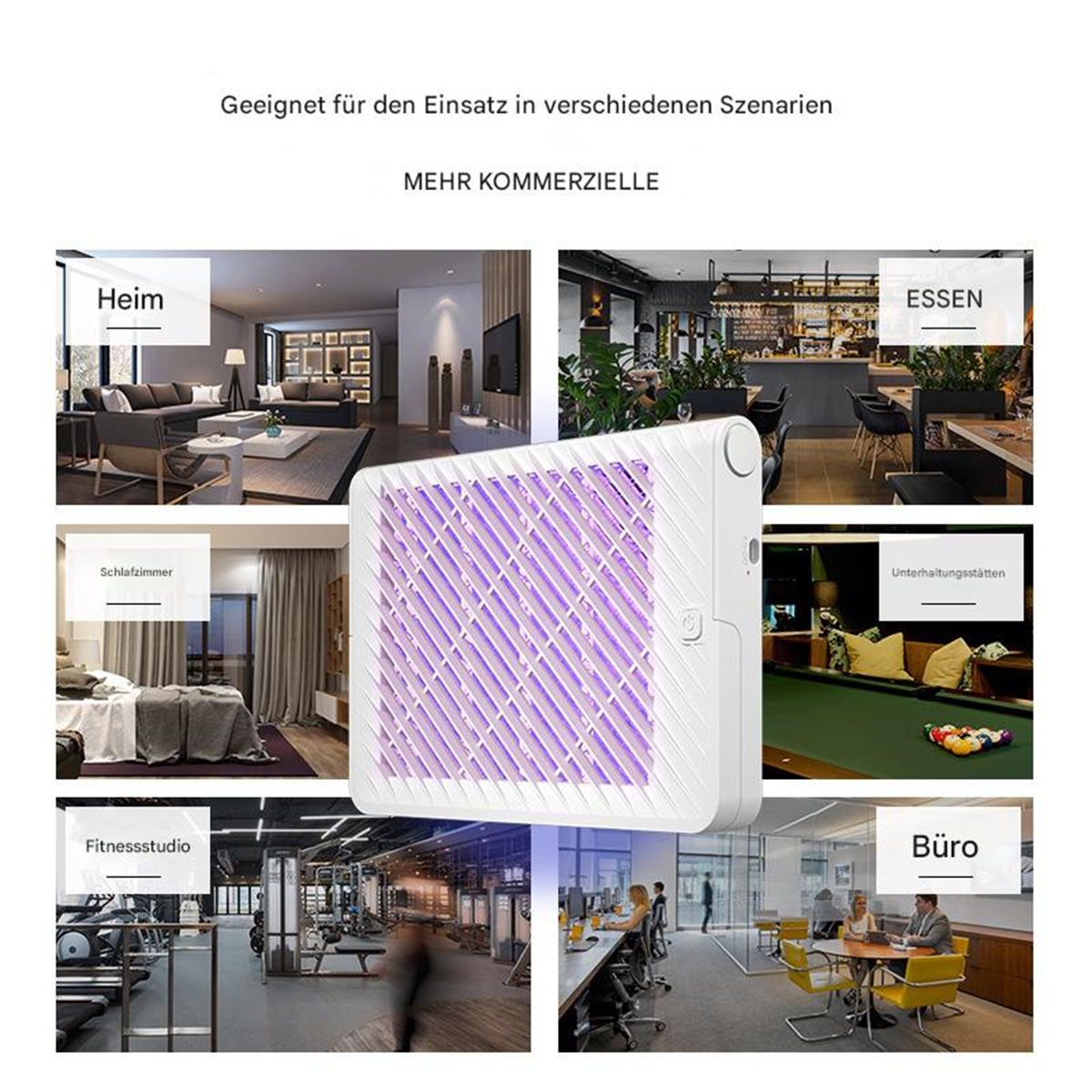 Mehrere Szenen, die einen weißen Insektenvernichter in verschiedenen Umgebungen zeigen: Zuhause, Büro und mehr.