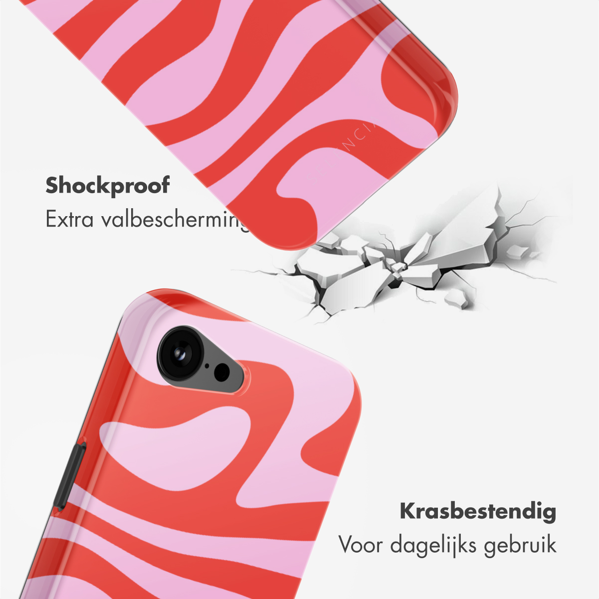 Coque de téléphone avec un motif tourbillonnant rouge et rose. La coque est sur un fond blanc.