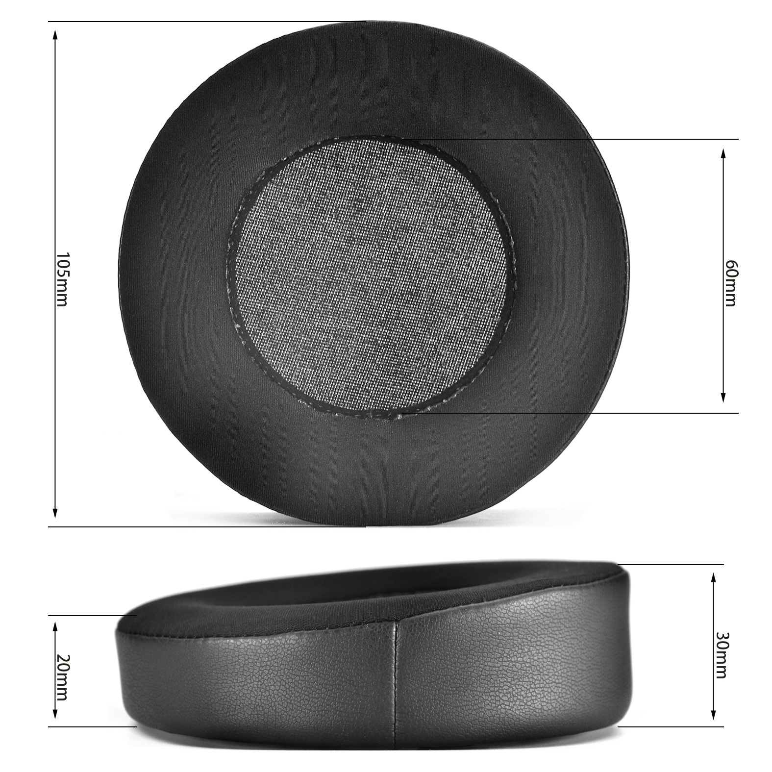 Oorkussens voor hoofdtelefoons. Twee pads getoond. De afmetingen zijn: 105 mm, 60 mm, 20 mm en 30 mm.