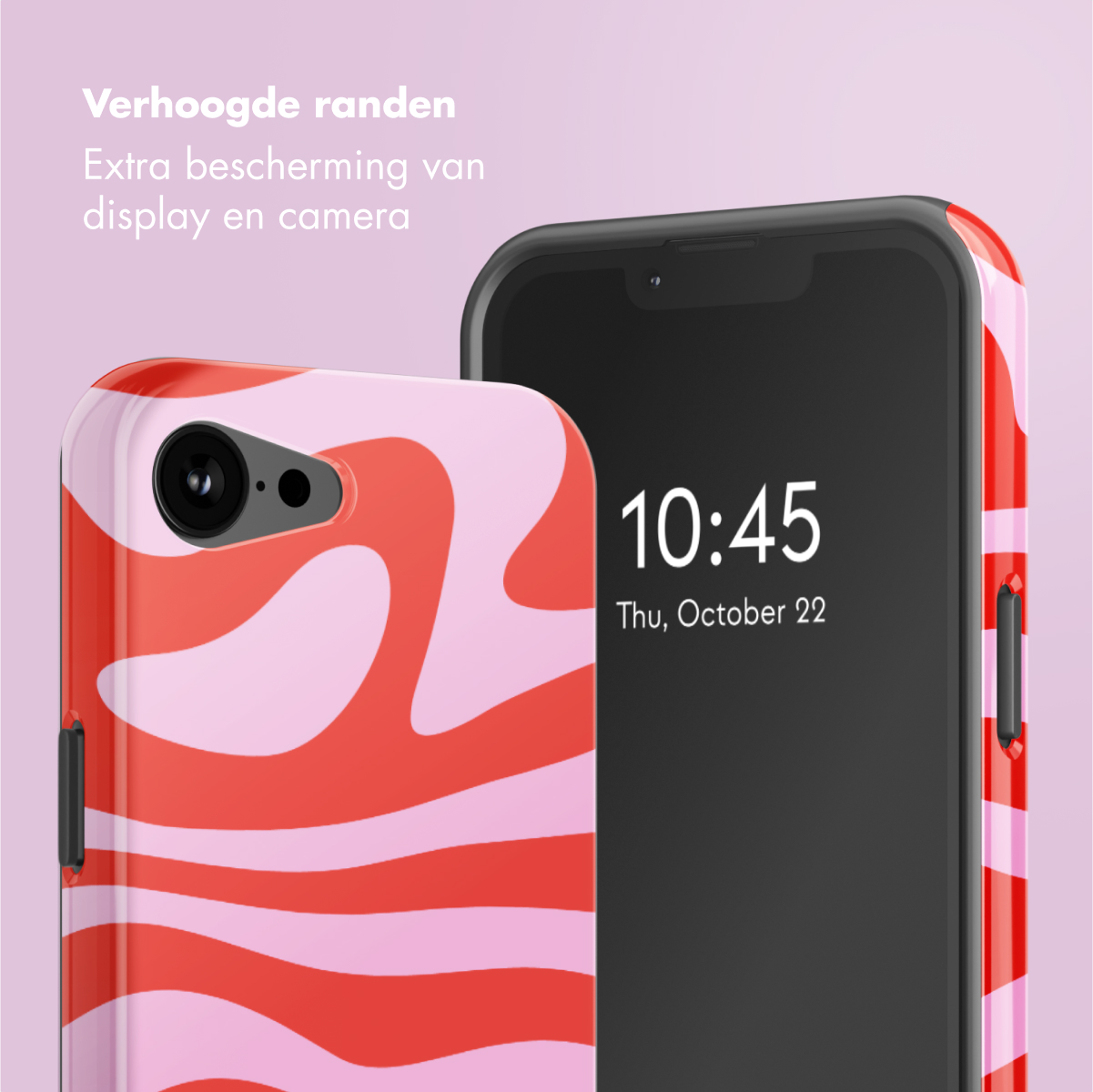 Deux téléphones avec étuis, design tourbillonnant rouge et rose. Un téléphone affiche l'heure.