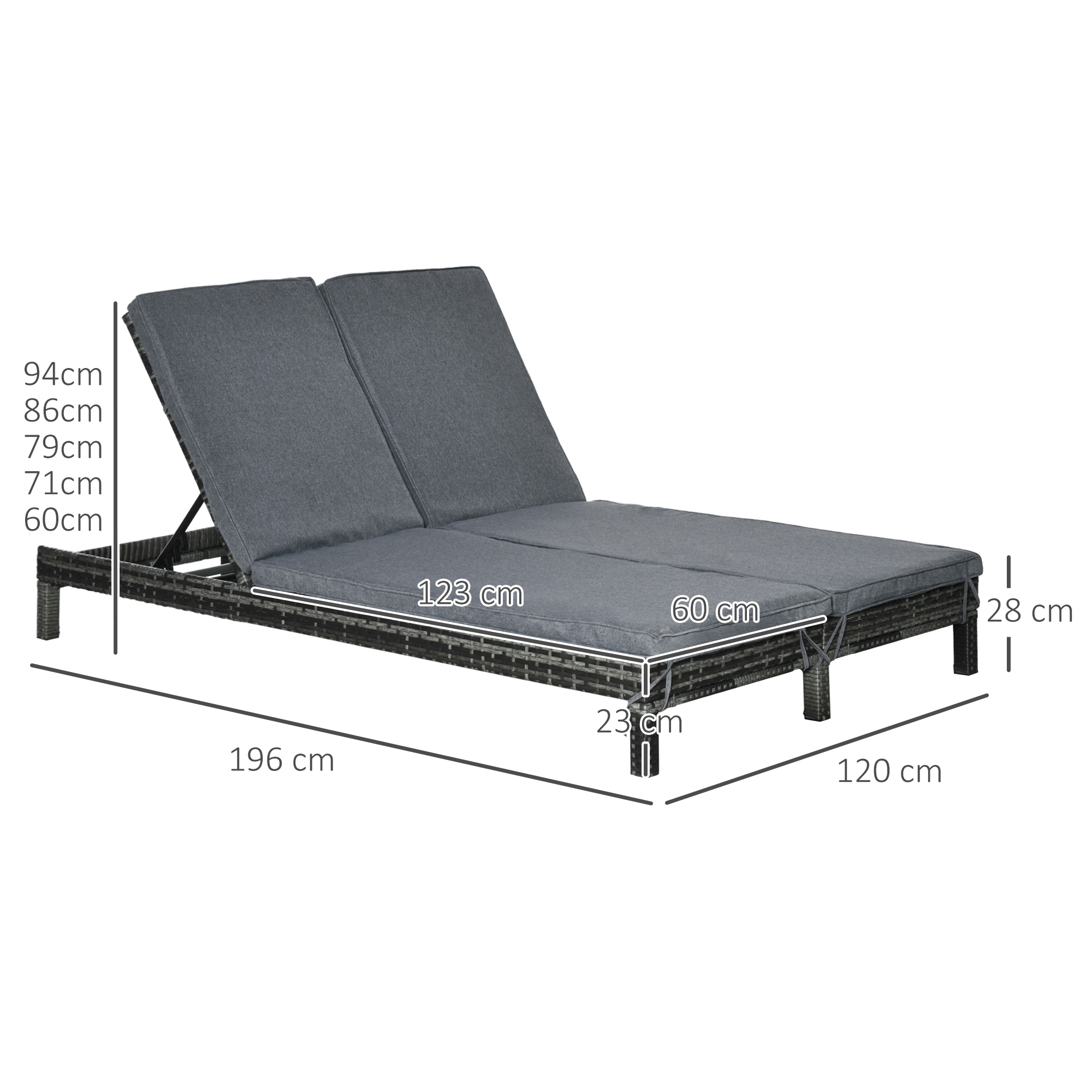 Chaise longue doppia con dimensioni. Cuscini grigi e struttura marrone scuro. Le misure sono in centimetri.