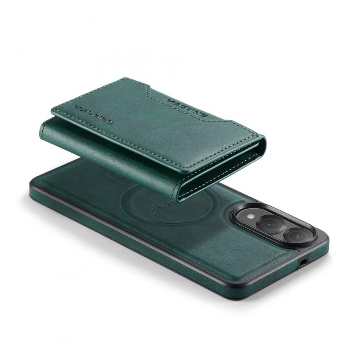 Eine grüne Handyhülle mit Geldbörsenaufsatz und ein Telefon mit Kameralinsen.