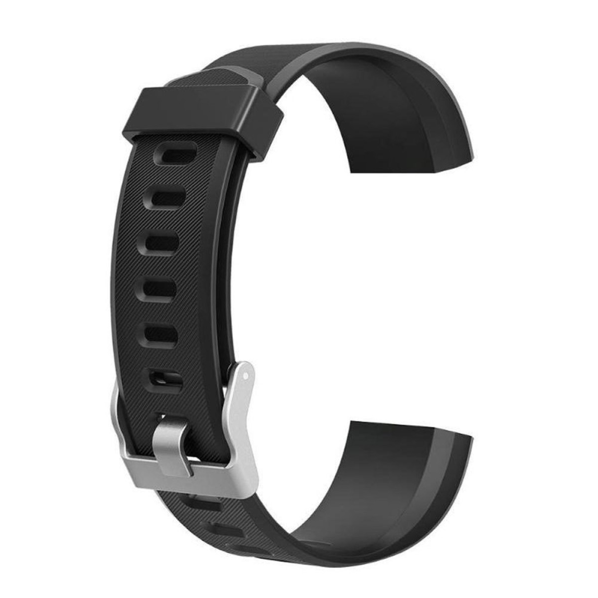 Schwarzes Uhrenarmband in C-Form, mit Metallverschluss.