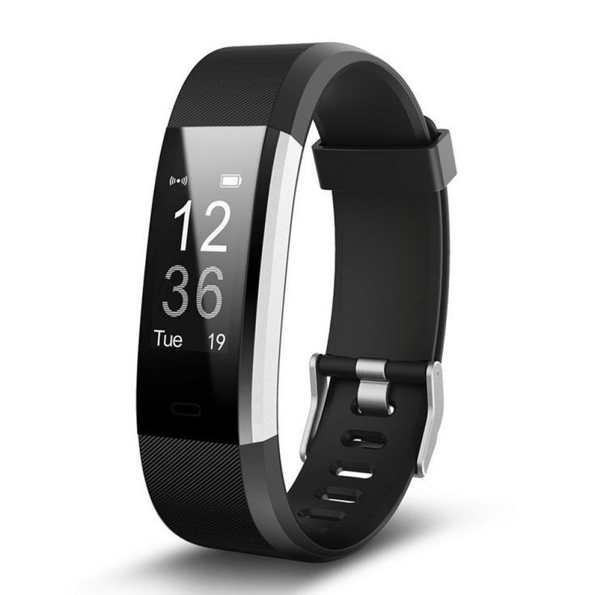 Schwarzer Fitnesstracker mit digitaler Anzeige von Uhrzeit und Datum. Das Armband ist schwarz mit einer Schnalle.