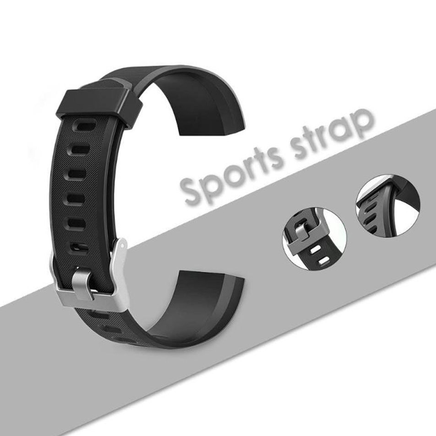 Schwarzes Sportarmband mit Schnalle. Das Armband hat die Form eines „C“ und der Text „Sportarmband“ ist sichtbar.