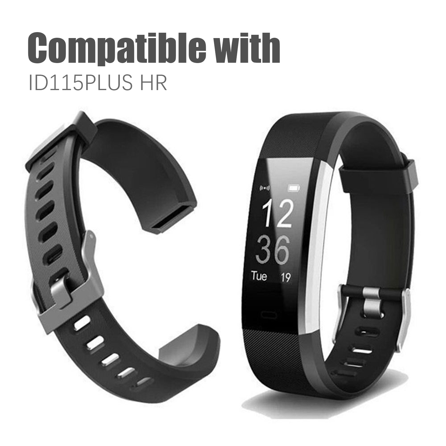 Zwei schwarze Fitnessbänder und ein Armband. Die Bänder sind miteinander verbunden. Text mit der Aufschrift 'Kompatibel mit'.