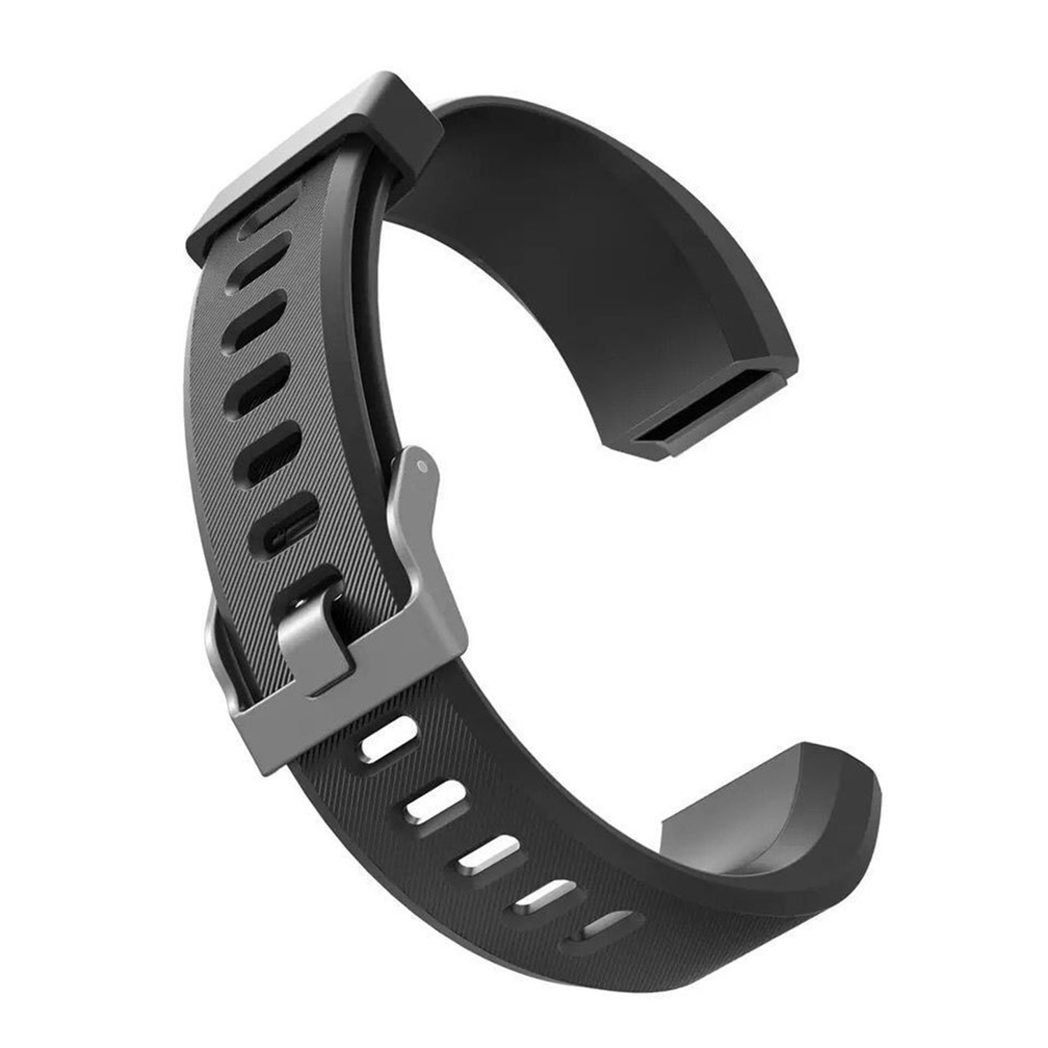 Schwarzes Sportarmband mit Schnalle. Das Armband hat die Form eines „C“.