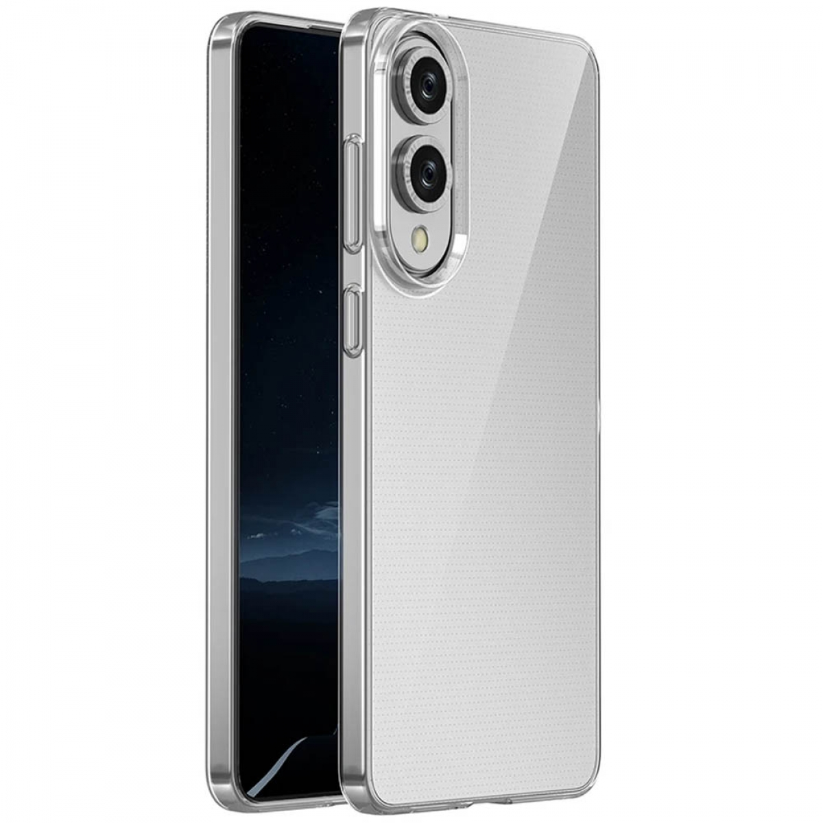 Eine Handyhülle, transparent mit dunklem Hintergrund hinter dem Telefon. Das Telefon hat zwei Kameras.