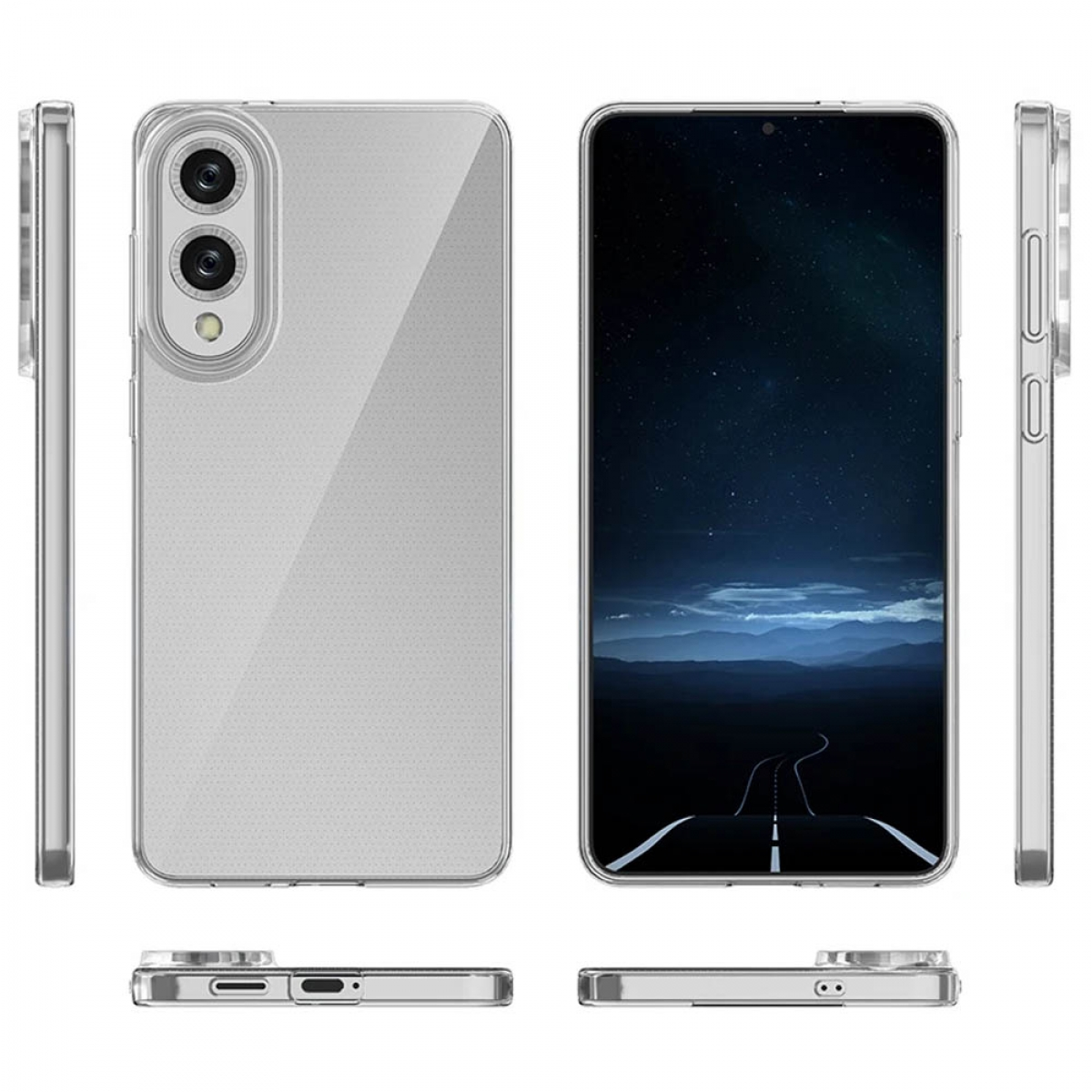 Telefon in einer transparenten Hülle, von vorne, hinten und den Seiten gezeigt. Eine Straße wird gezeigt.