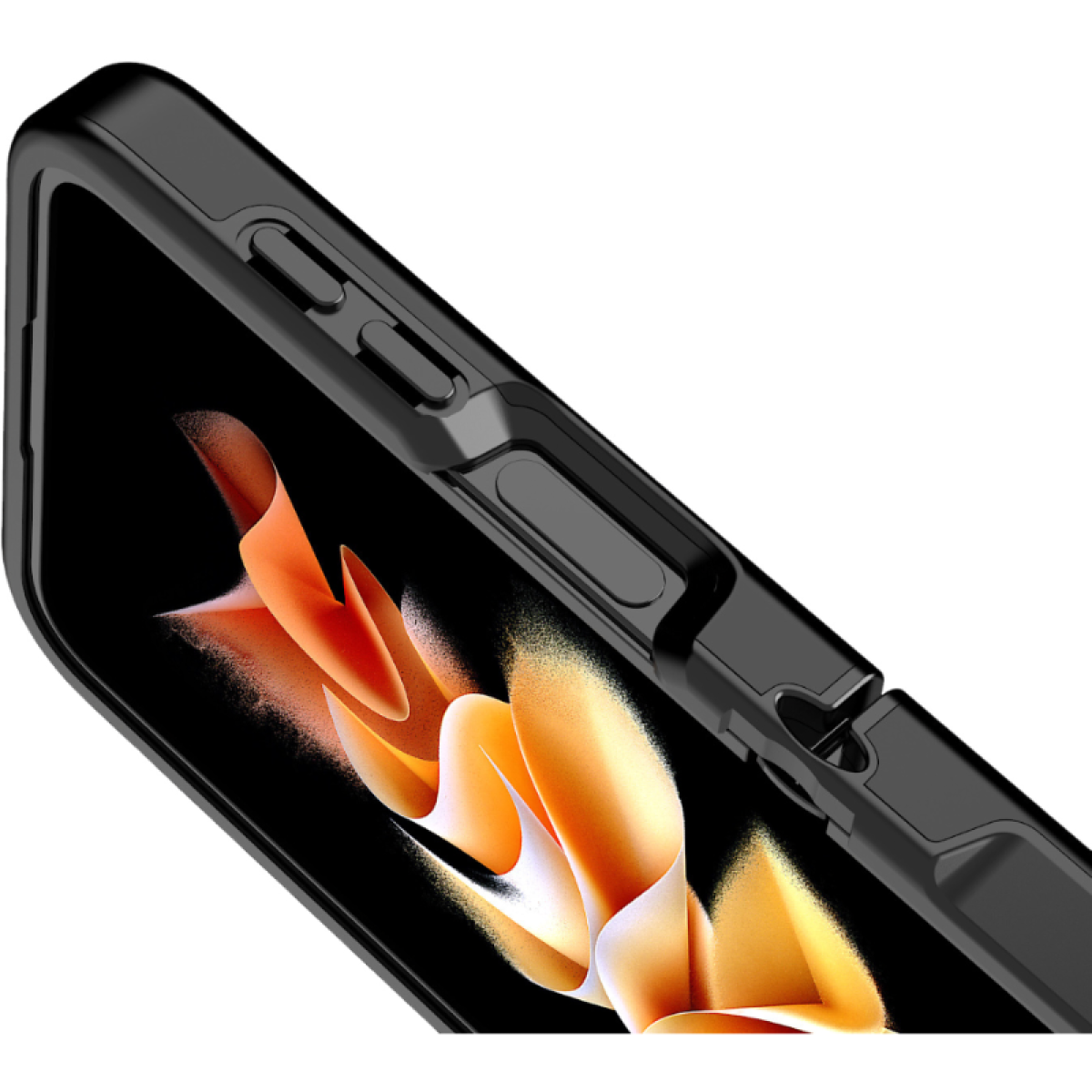 Primo piano di una custodia per telefono nera con pulsanti e ritagli. Presenta un design nero e arancione.